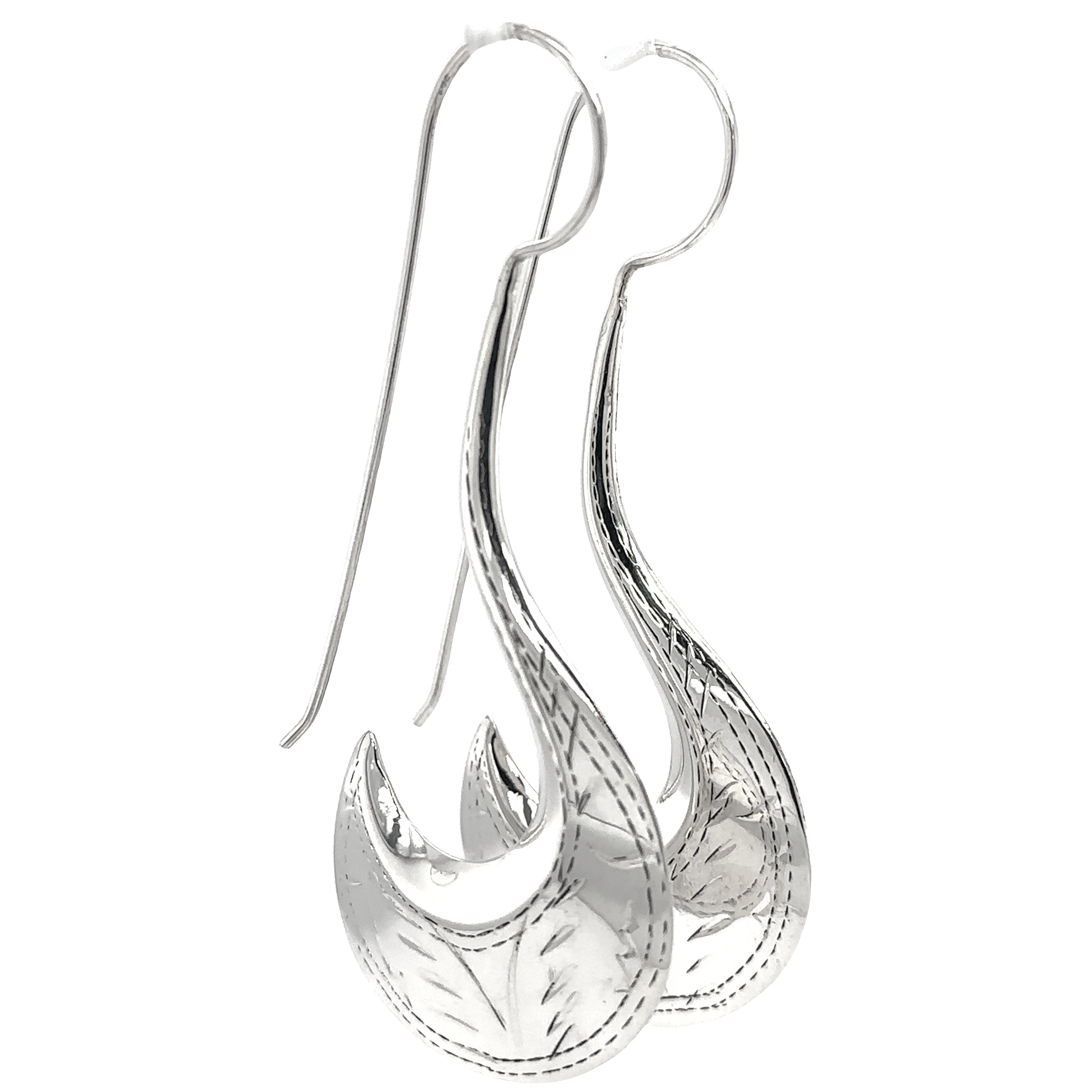 A pair of Super Silver Etched Victorian Style Curved Earrings with freestyle etching.