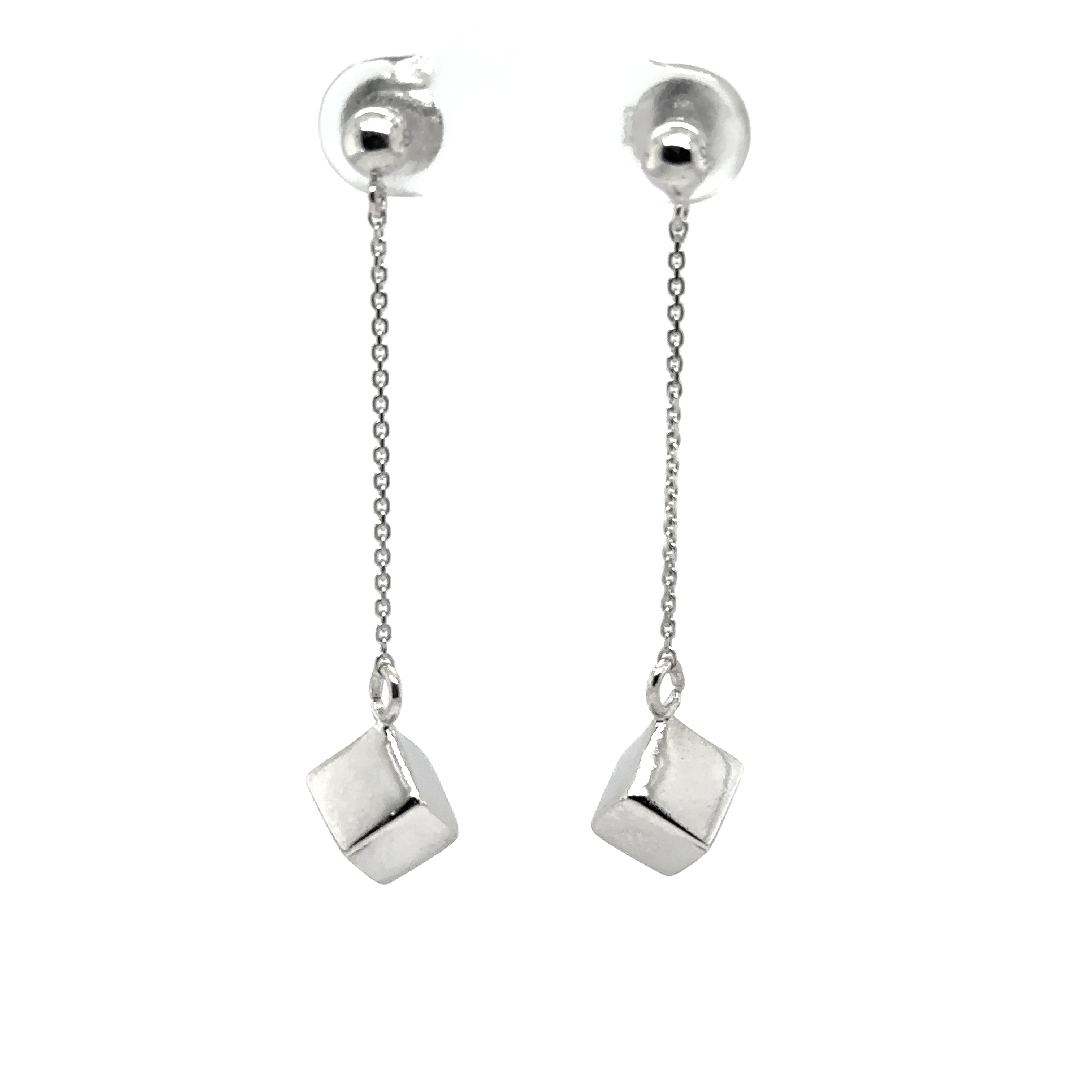 Silver Drop Earrings with a Solid Cube Super Silver