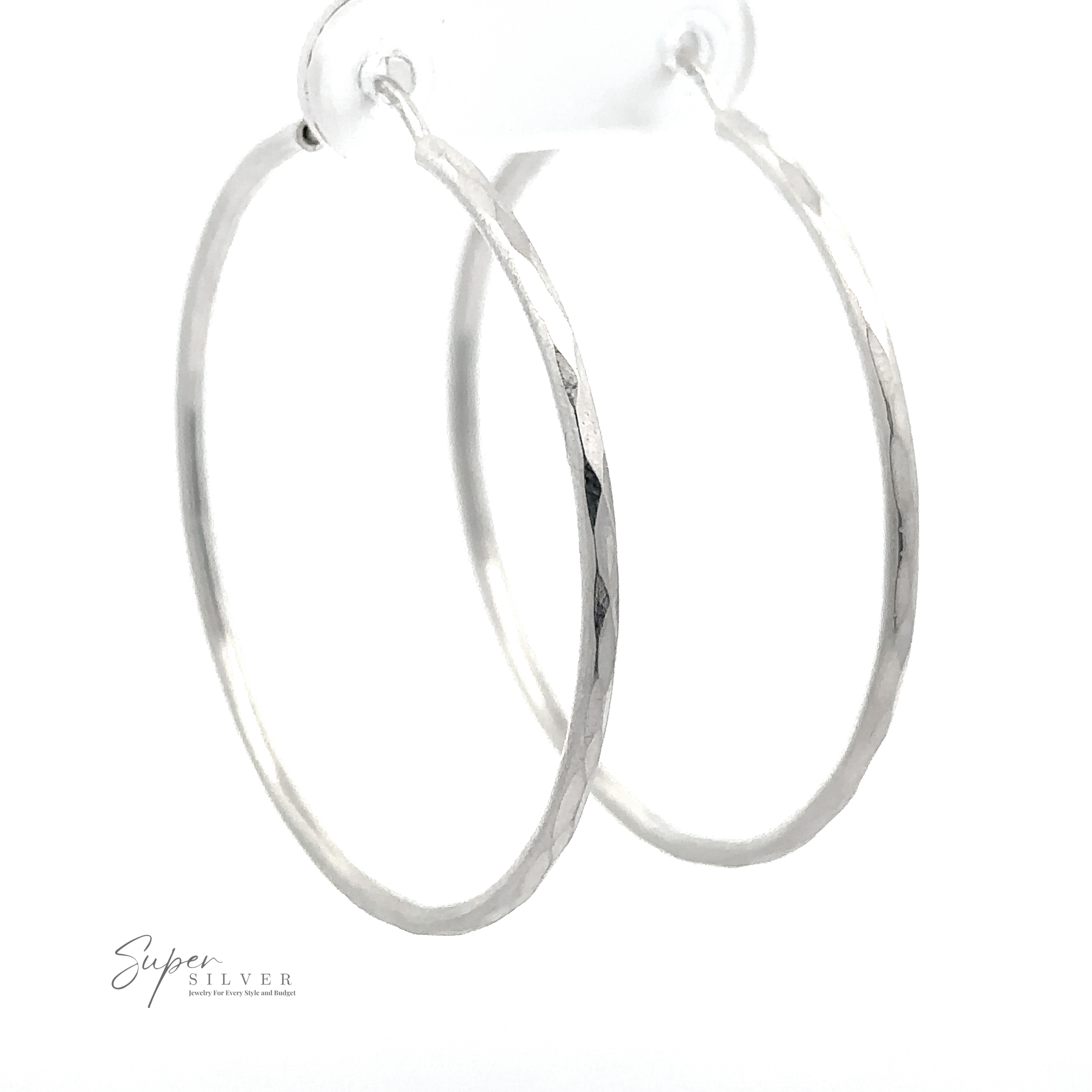 1.5mm Faceted Silver Infinity Hoops crafted from .925 Sterling Silver, displayed against a white background with a subtle watermark reading "super silver.