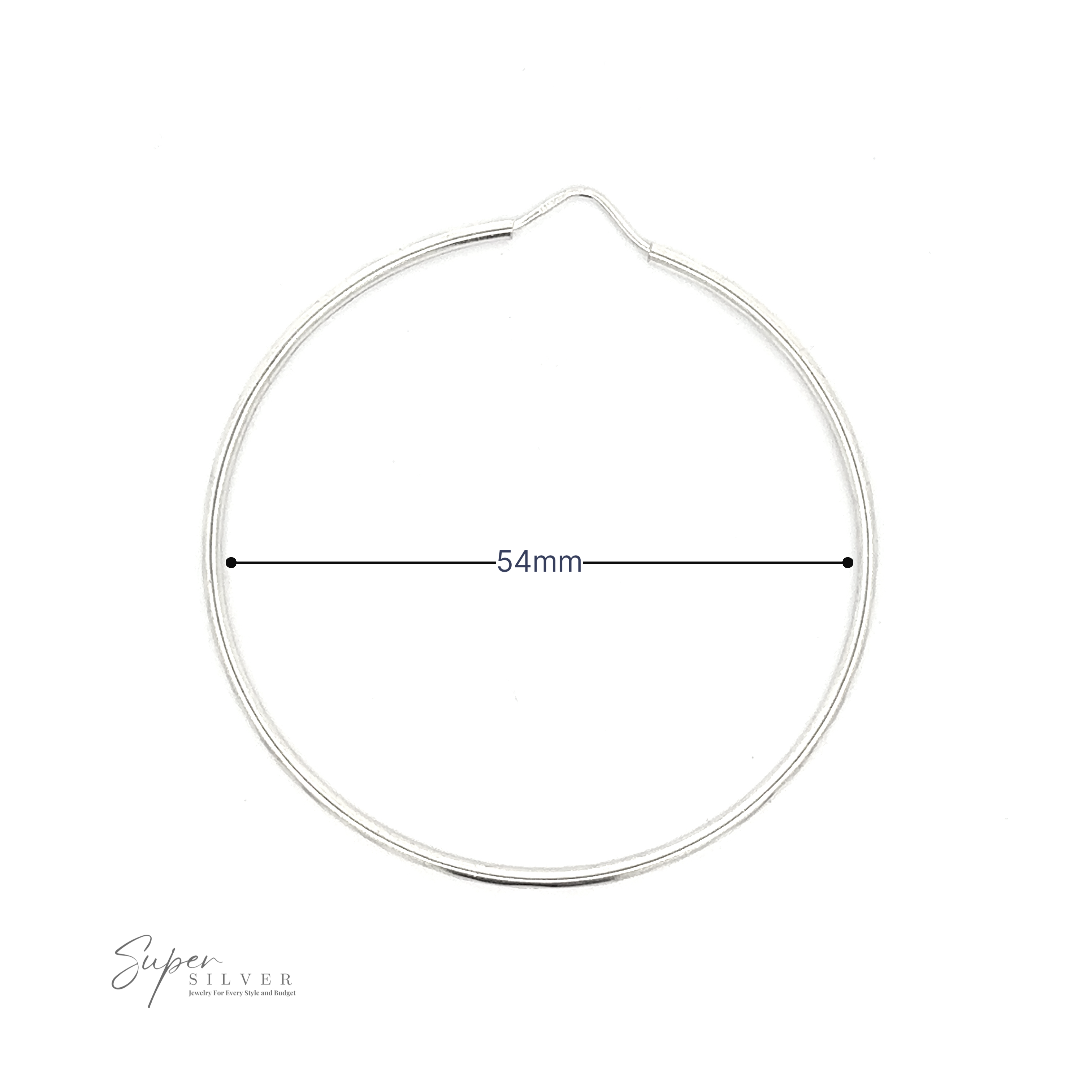 1.5mm Faceted Silver Infinity Hoops crafted from .925 Sterling Silver with a 54mm diameter, displayed on a white background with a brand signature at the bottom right.