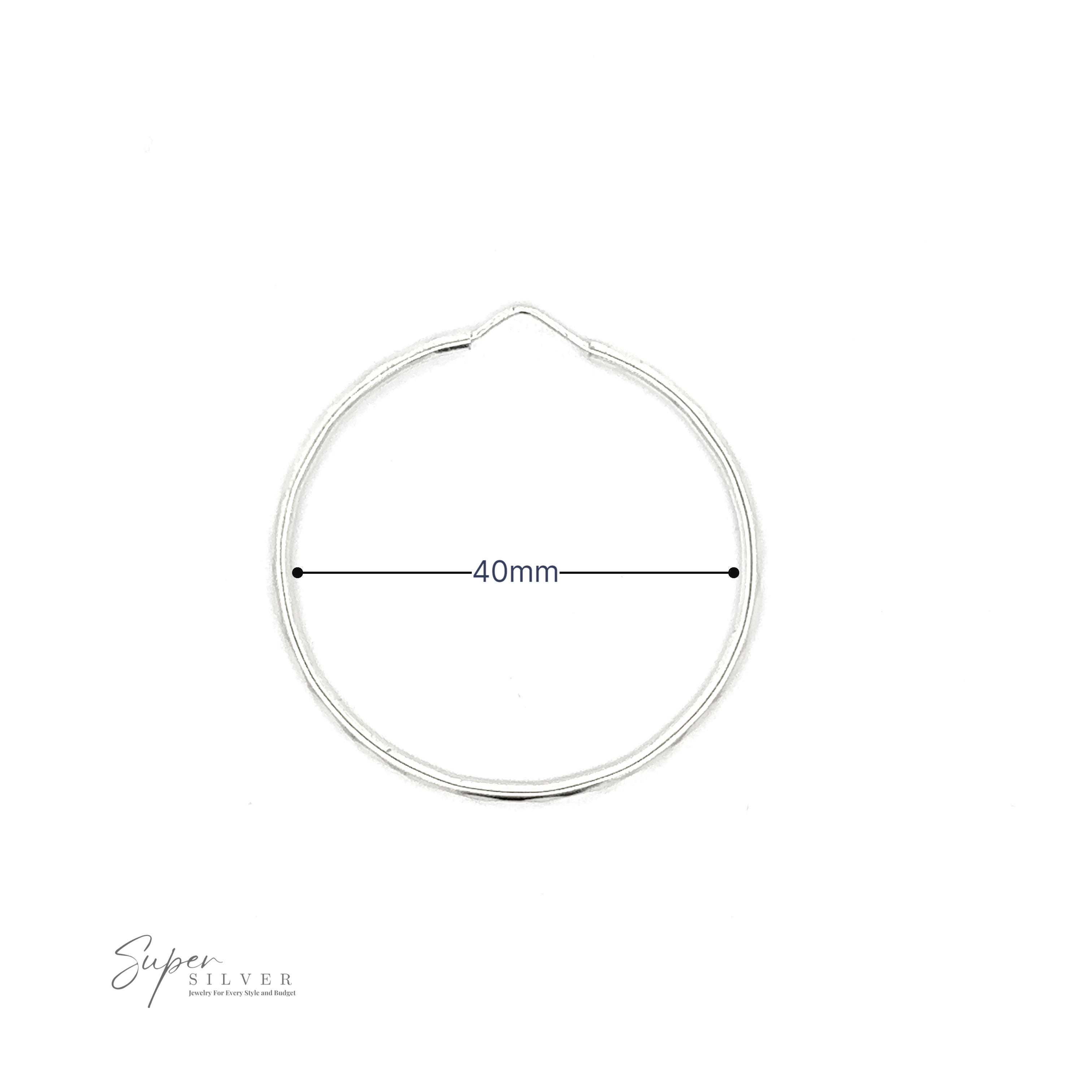1.5mm Faceted Silver Infinity Hoop earring with a 40mm diameter, displayed on a white background with a "super silver" watermark, now featuring a rhodium finish.