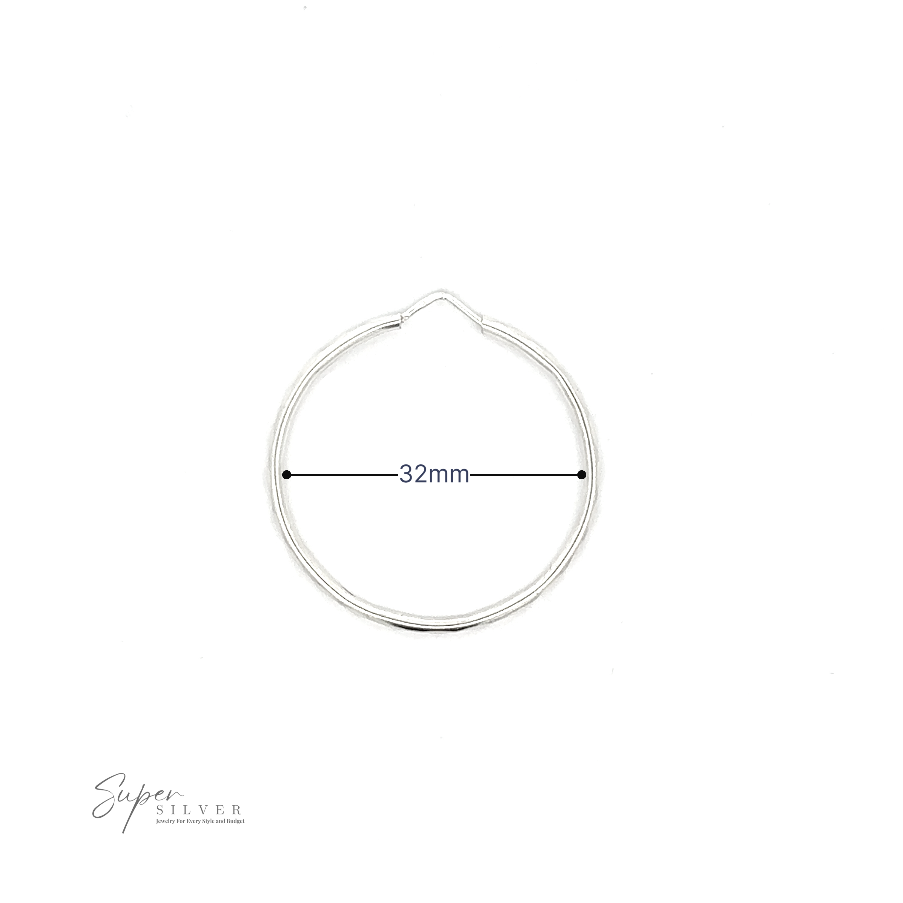 1.5mm Faceted Silver Infinity Hoops earring with a rhodium finish, measuring 32mm in diameter, displayed on a white background with a logo reading "super silver" at the bottom.
