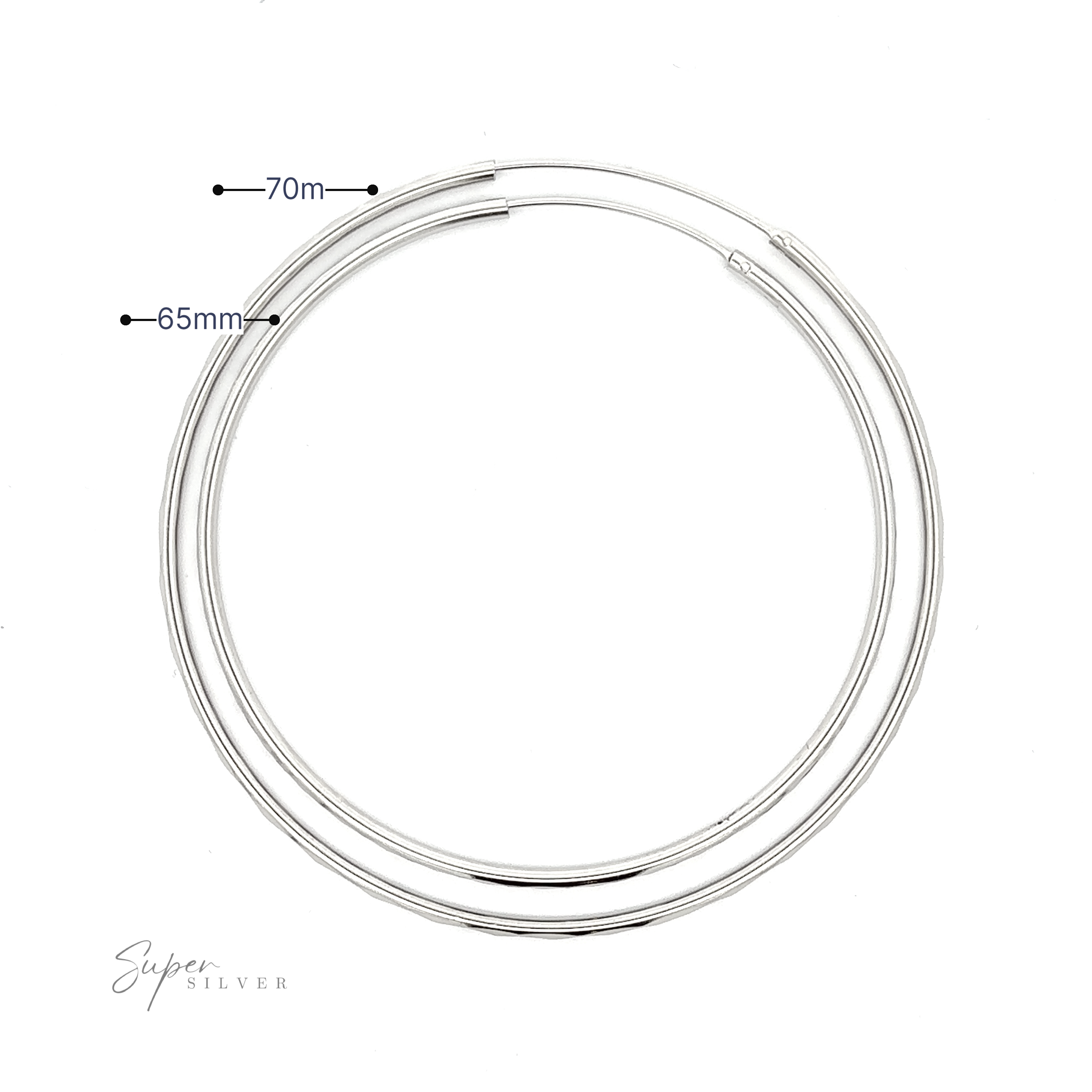 Line drawing of two circular 2mm Diamond Faceted Hoops with measurements; one is 65mm and the other is 70mm in diameter, marked with "super silver.