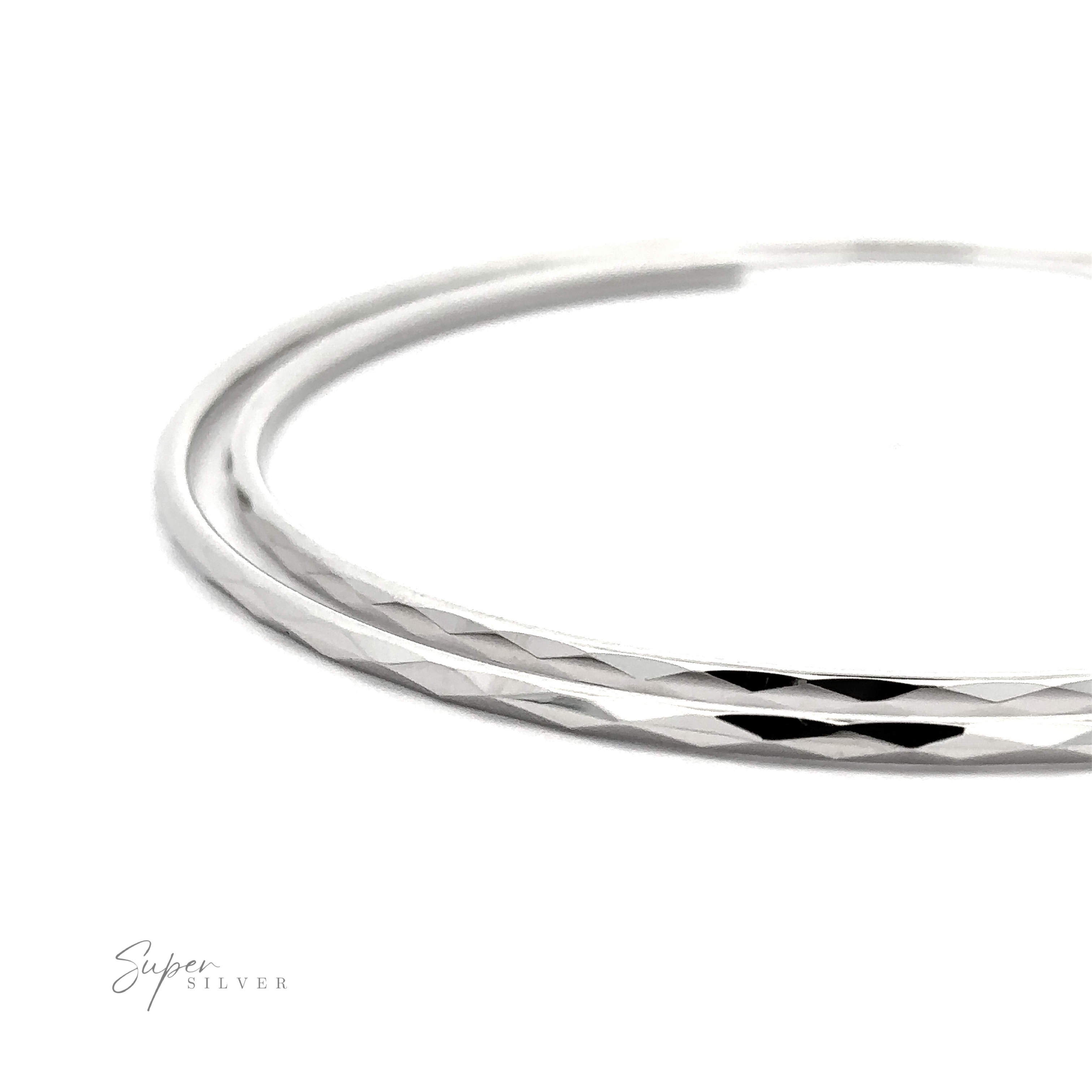 Two 2mm Diamond Faceted Hoops displayed on a white background, with a logo that reads "super silver.