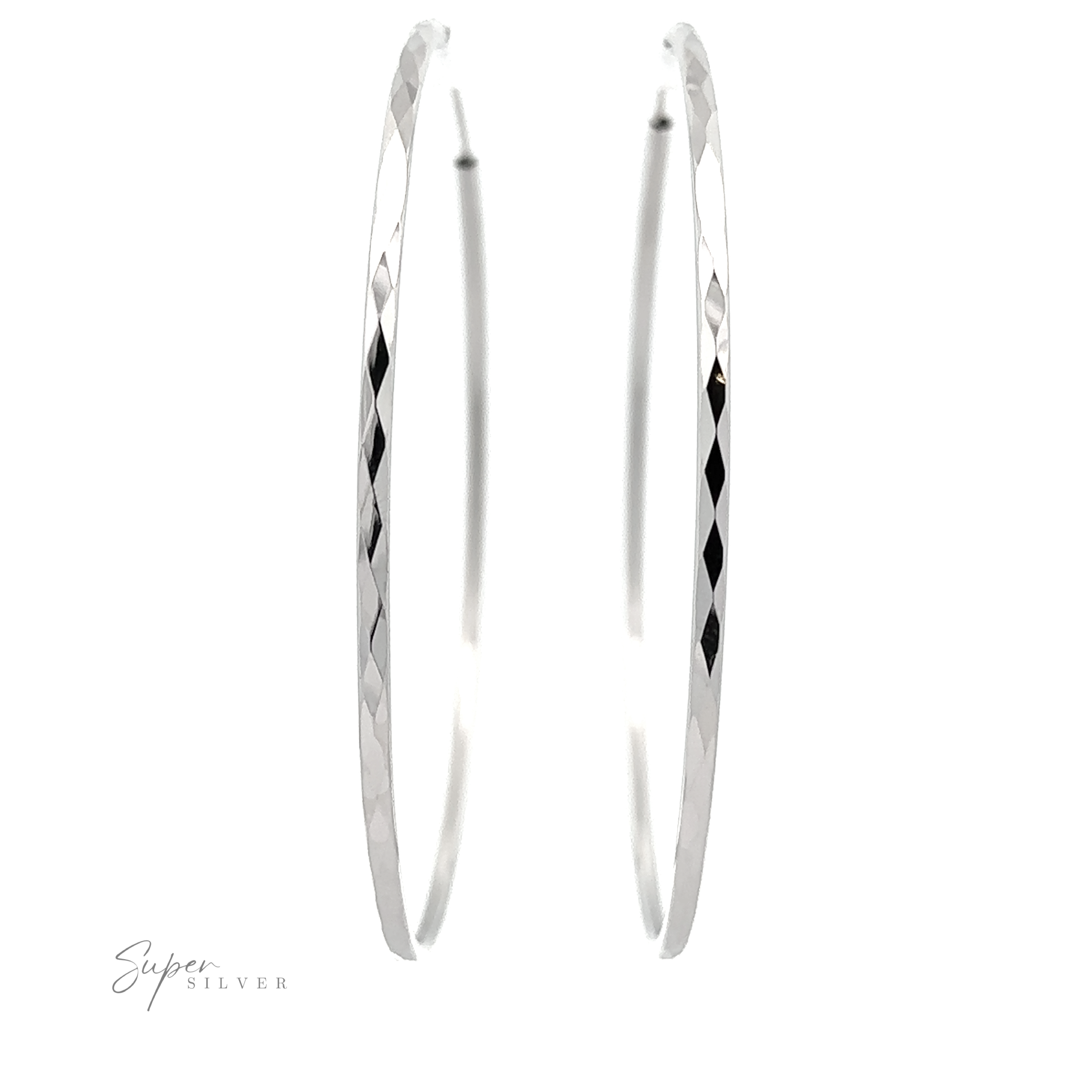 A pair of 2mm Diamond Faceted Hoops with a rhodium finish, isolated on a white background with a "super silver" signature.