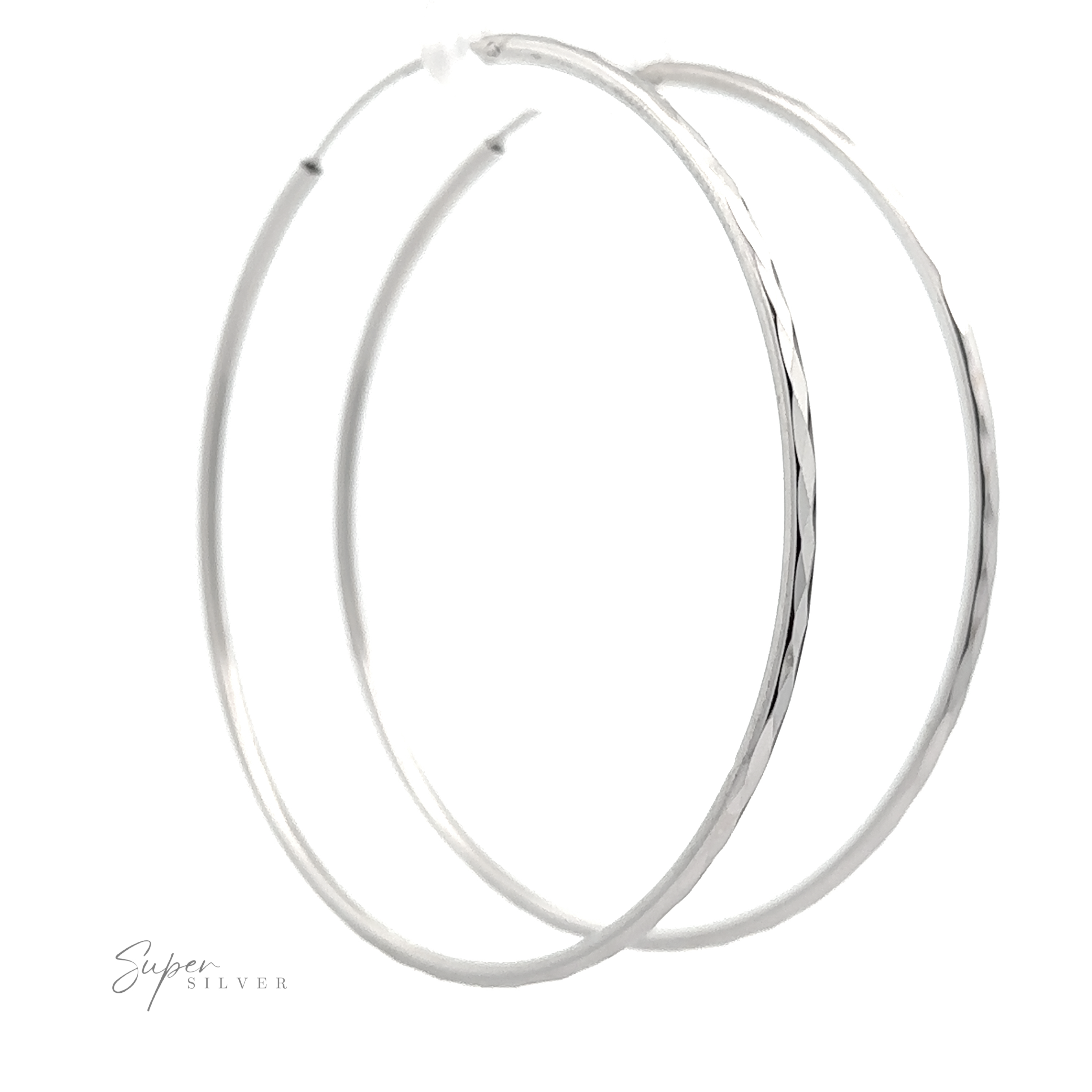 2mm Diamond Faceted Hoops with a diamond-cut finish on a white background, signed "super silver".