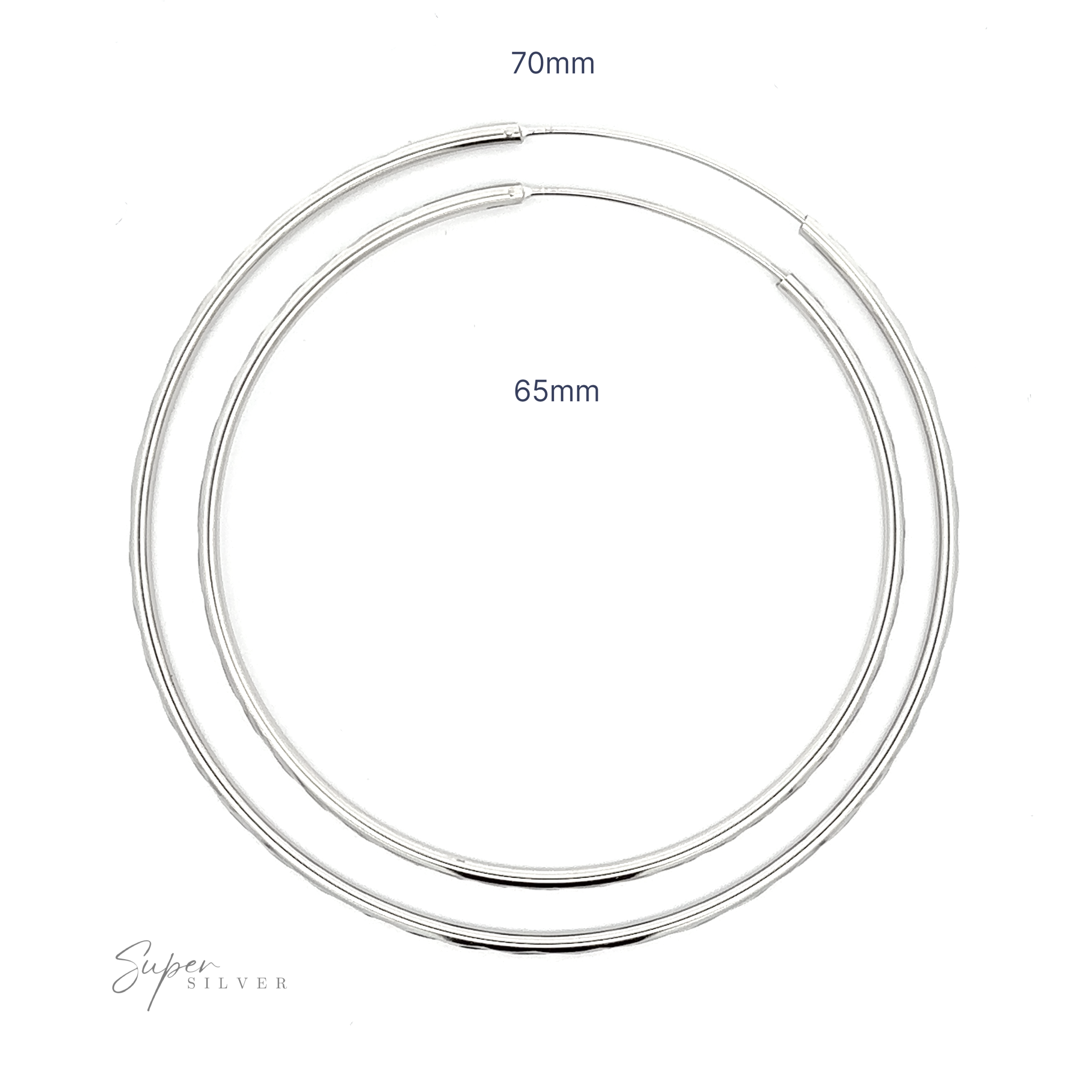 Two Sparkling 2mm Faceted Twisted Hoops, featuring a 2mm faceted twist design, are displayed with their diameters labeled as 70mm and 65mm. The Super Silver logo is present in the bottom left corner.
