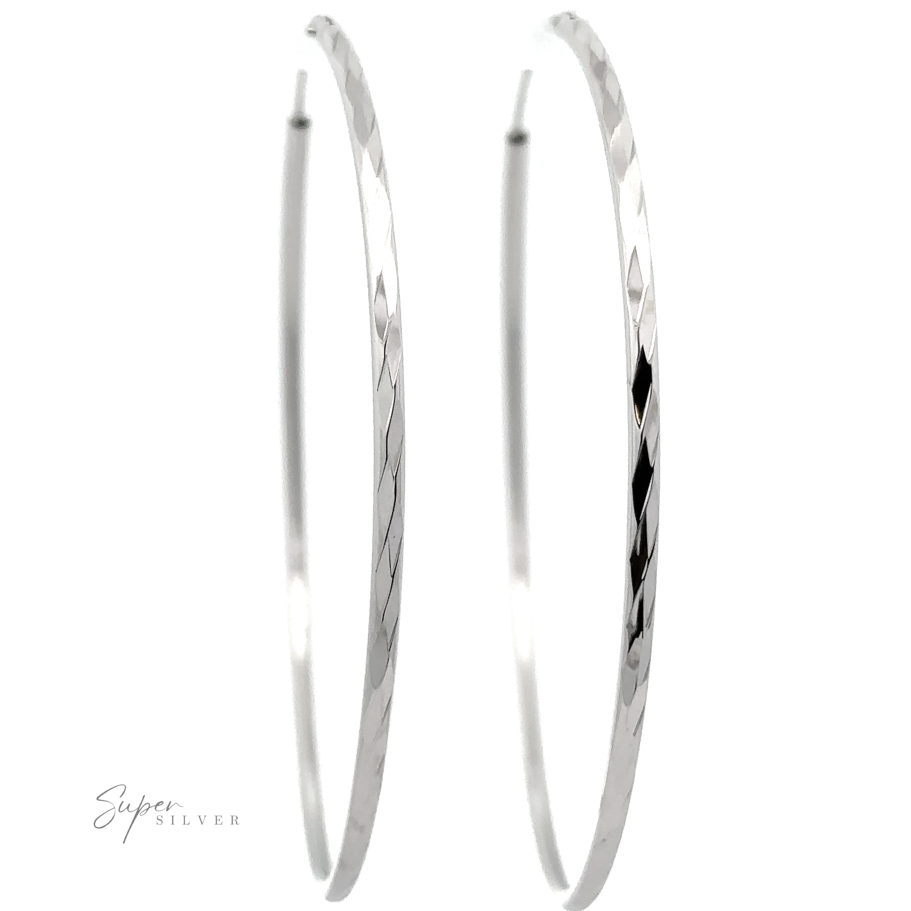 Large, thin Sparkling 2mm Faceted Twisted Hoops with a subtle textured pattern and a rhodium finish, displayed against a plain white background. A "Super Silver" watermark is visible in the lower left corner.