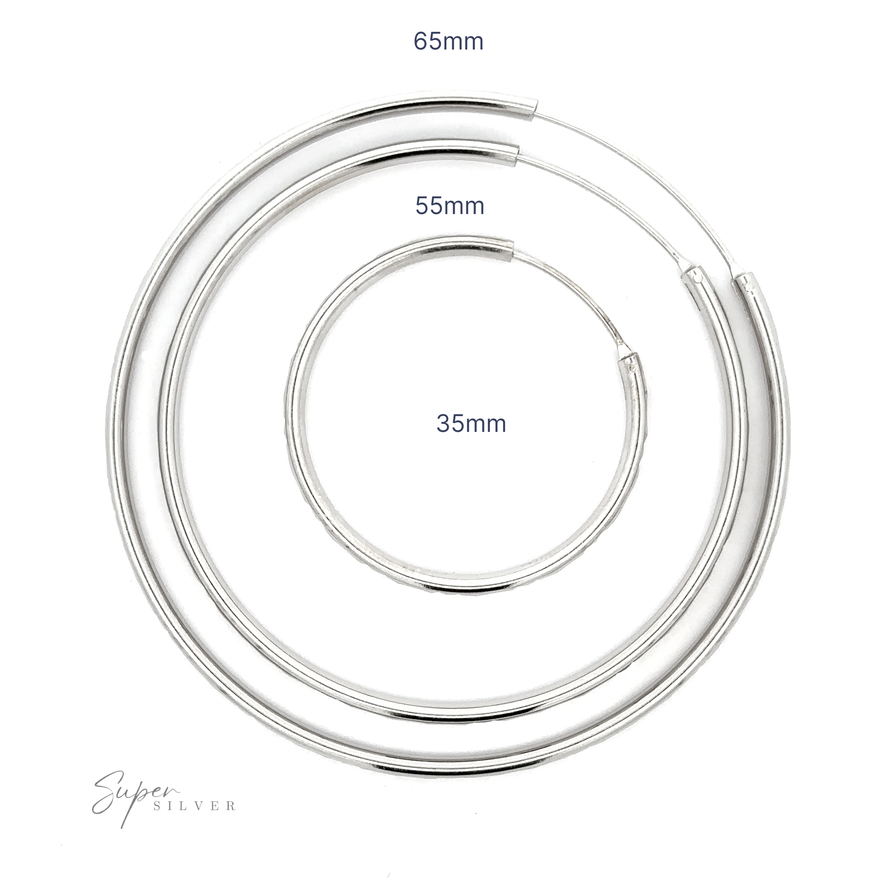 Three Modern 3mm Rhodium Finish Facet Hoops of varying sizes, labeled as 35mm, 55mm, and 65mm, showcased in a top-down view on a white background.