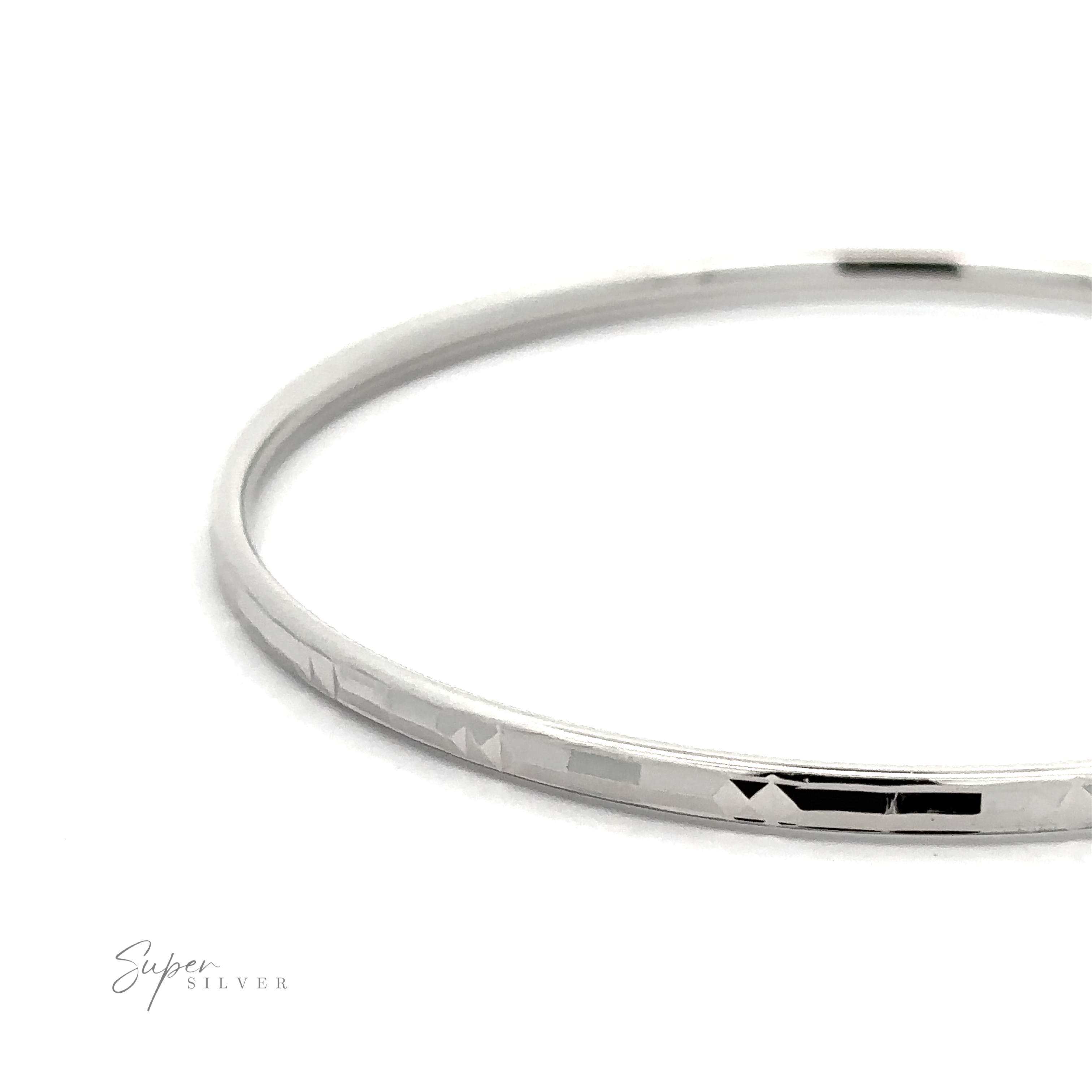 Close-up of a plain silver Modern 3mm Rhodium Finish Facet Hoops with a rhodium finish on a white background with the logo "super silver" in the corner.