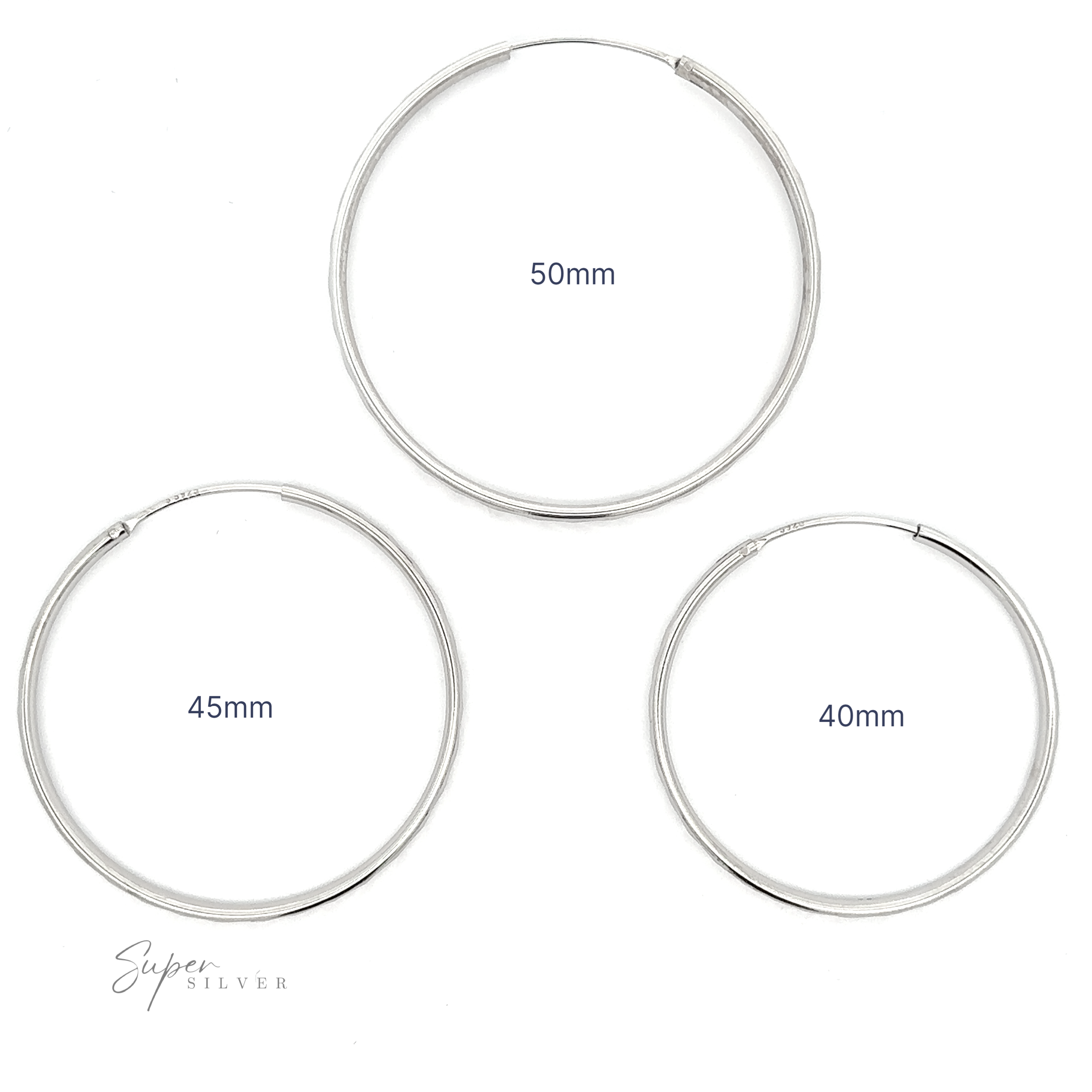 Three 3mm Chevron Faceted Hoop earrings displayed in decreasing sizes with measurements indicated: 50mm, 45mm, and 40mm, against a white background.
