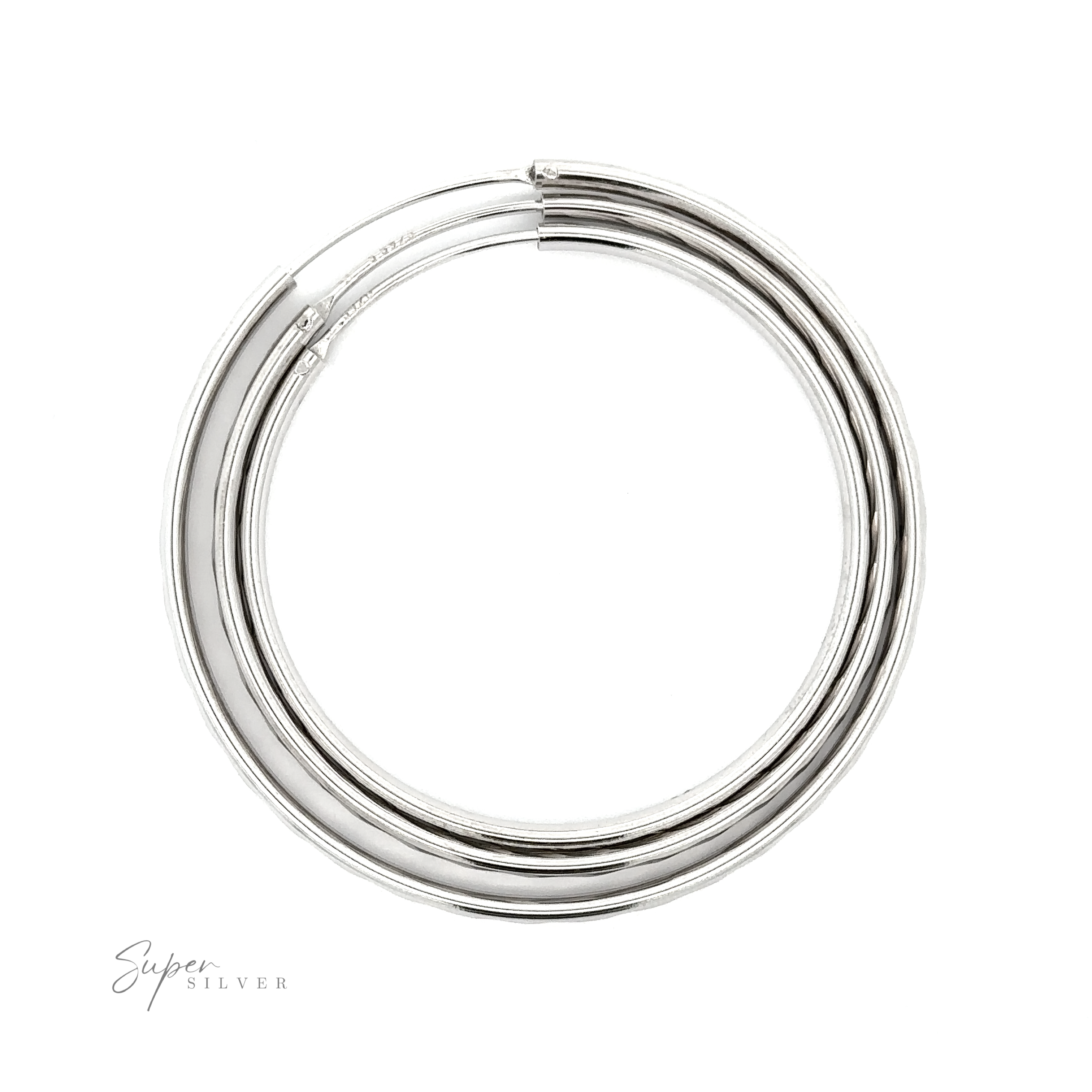 Three intertwined 3mm Chevron Faceted Hoops bangle bracelets on a white background, with a visible hinge and clasp, the brand "super silver" inscribed at the bottom.