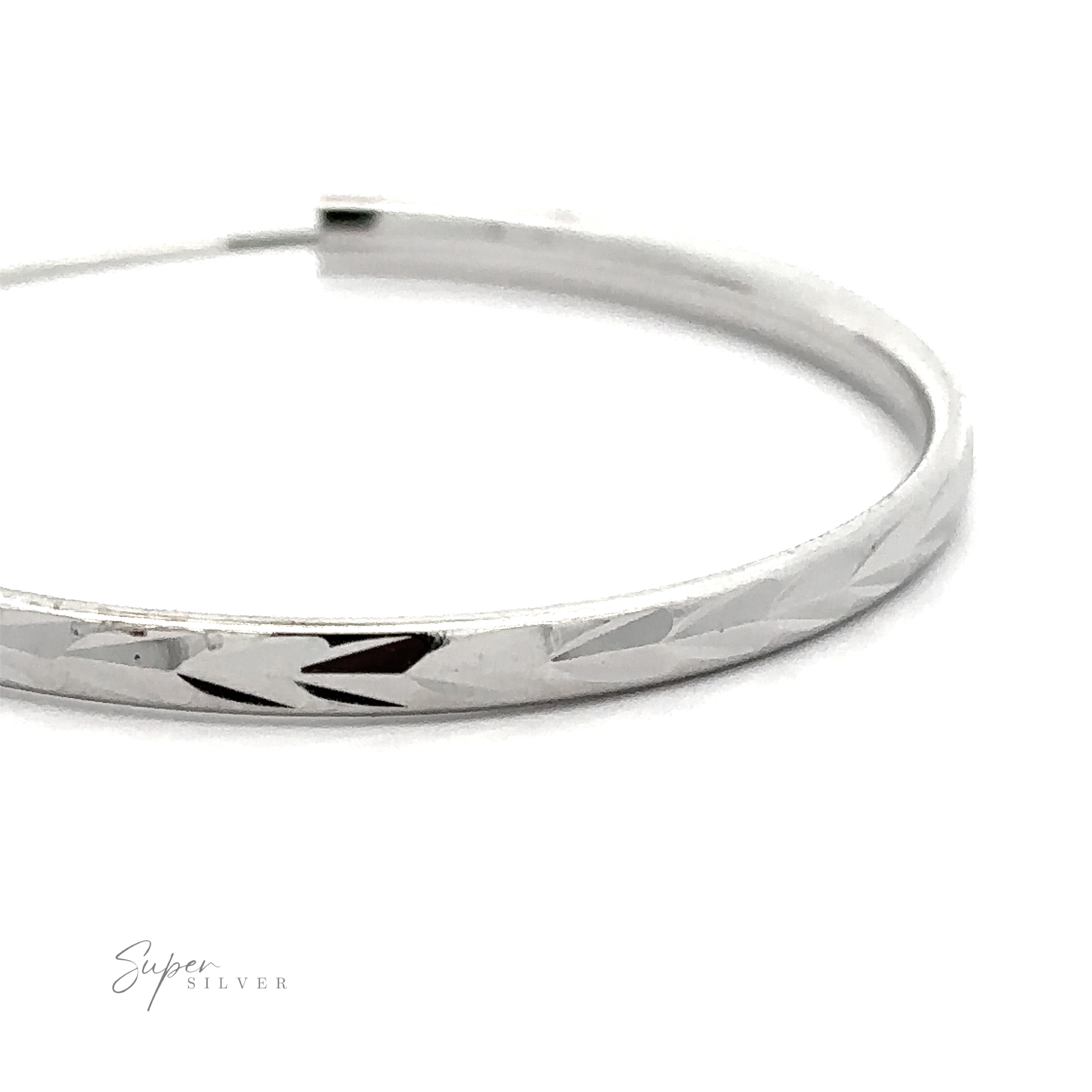 A 3mm Chevron Faceted Hoops with a patterned design, displayed against a white background with a "super silver" watermark.