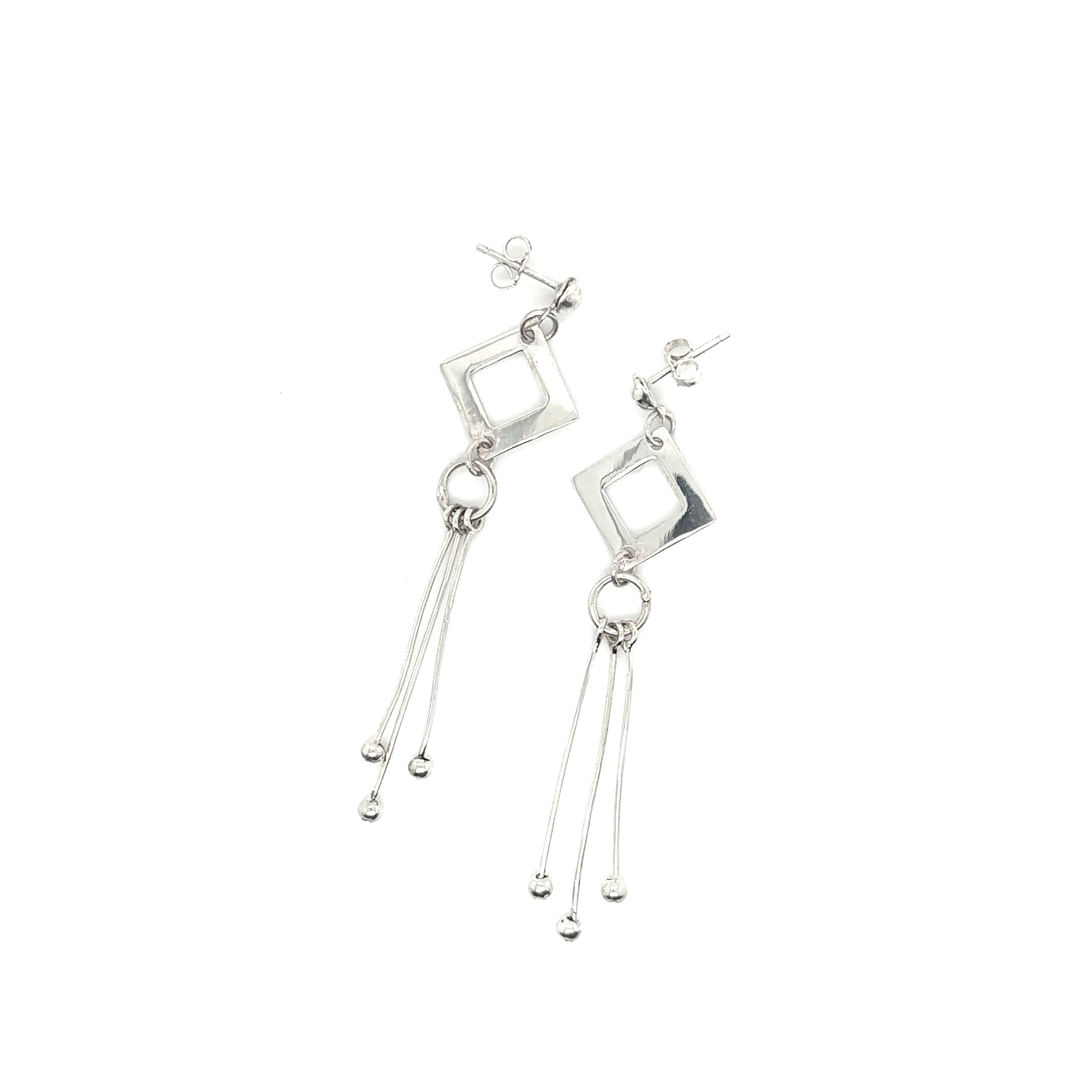 Super Silver Diamond Shaped Post Earrings with Tassel.