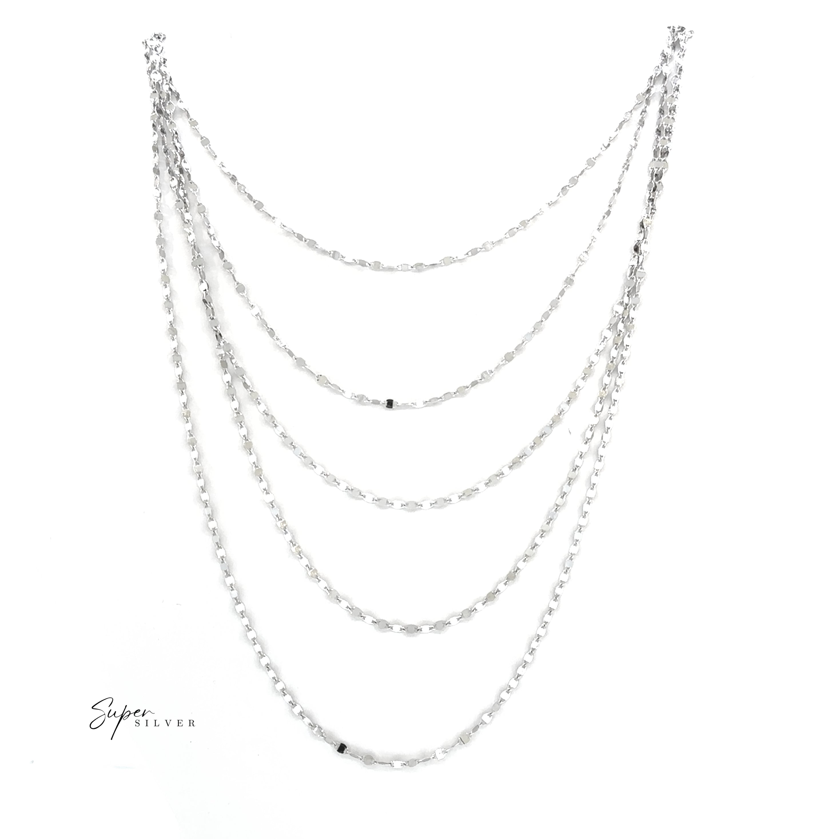 La Notte Grande Necklace: Five layered sterling silver chain necklace displayed on a white background with the "Super Silver" logo in the bottom left, showcasing elegant cascading chains.