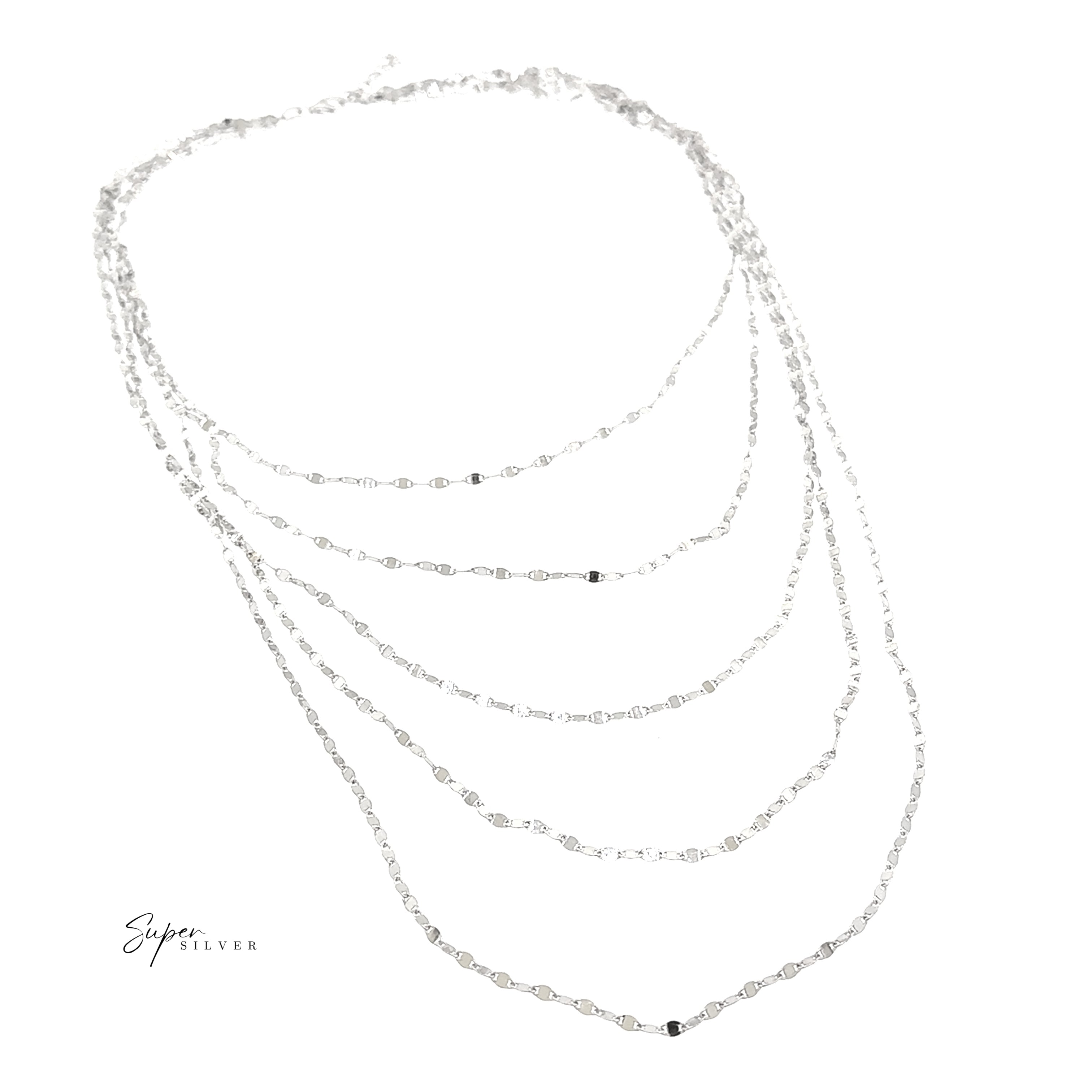 The La Notte Grande Necklace features five layered sterling silver chains of different lengths, displayed on a white background with the "Super Silver" logo in the lower left corner.