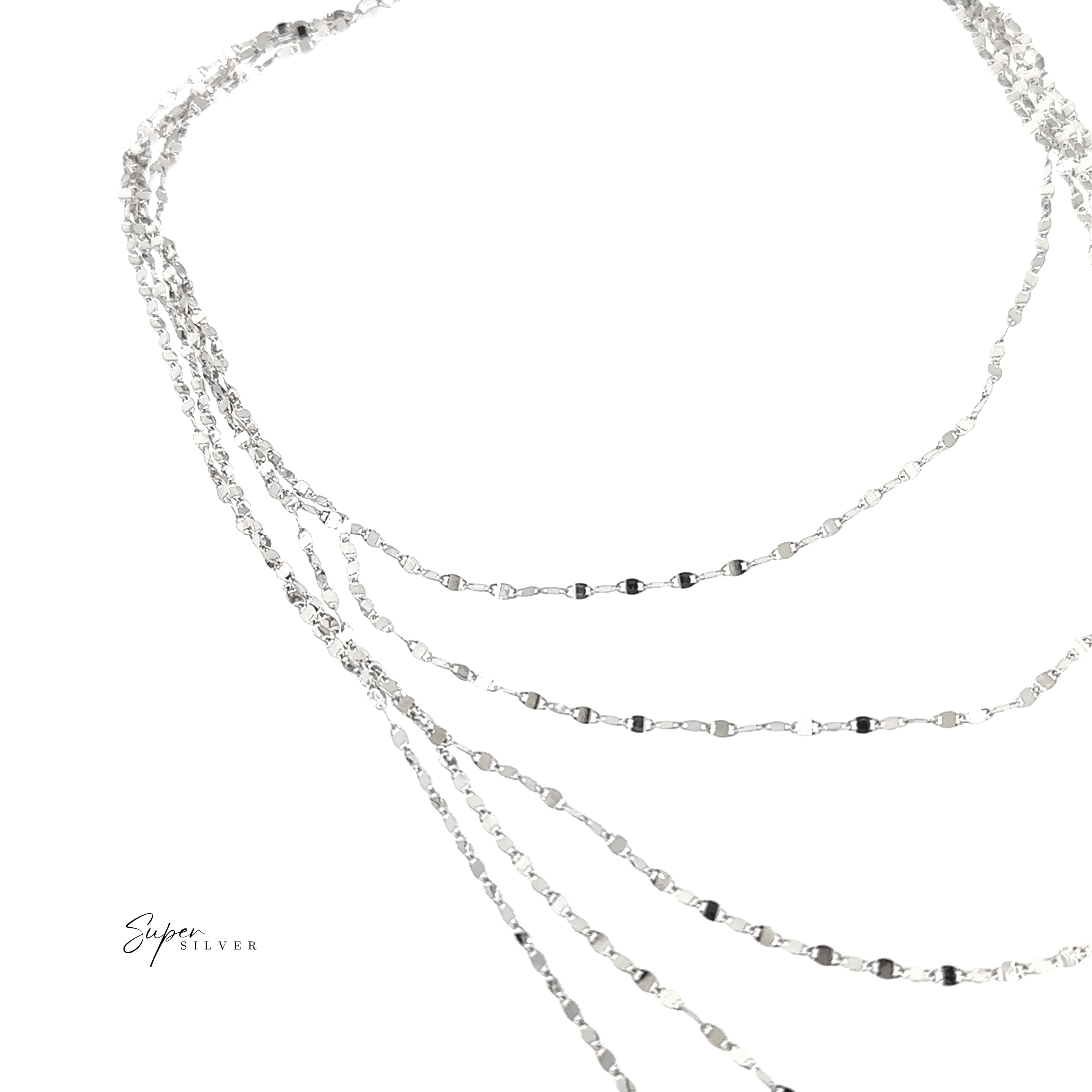 The La Notte Grande Necklace displays Italian craftsmanship with silver-plated cascading chains and textured links on a white background, featuring the "Super Silver" logo in the lower left corner.