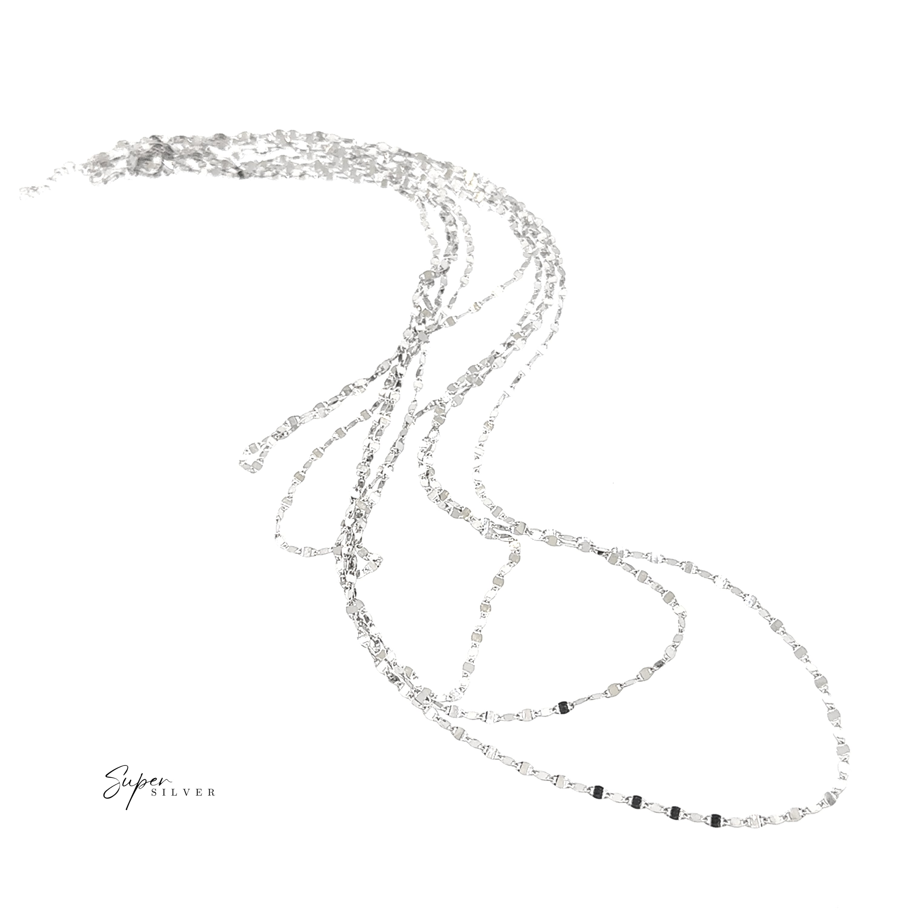 The La Notte Grande Necklace, a delicate multi-strand sterling silver piece with cascading chains, is displayed on a white background featuring the "Super Silver" logo in the lower left corner.
