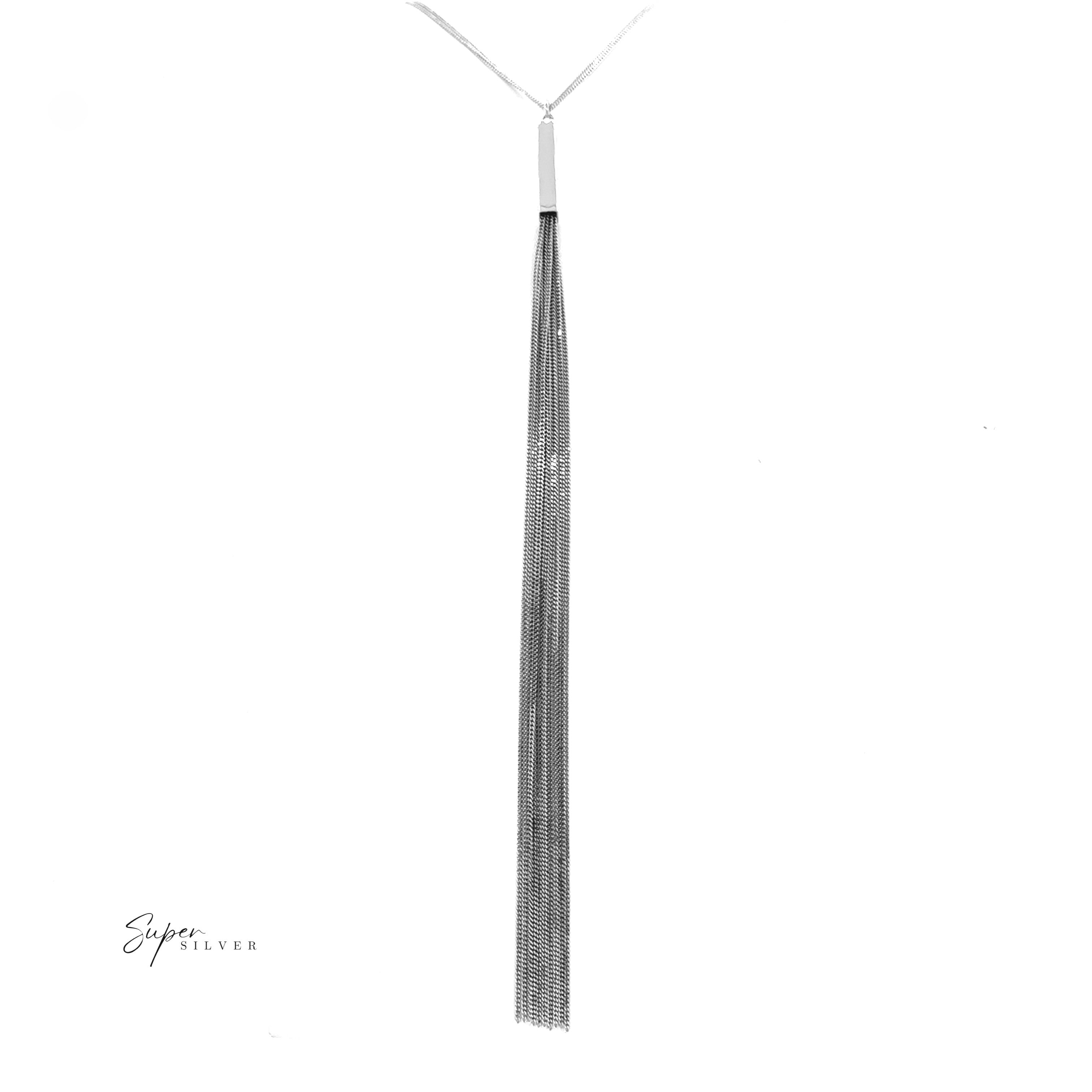 The Tassel Italian Chain Necklace features chain tassels cascading from a rectangular silver bar, capturing modern elegance in Italian craftsmanship.