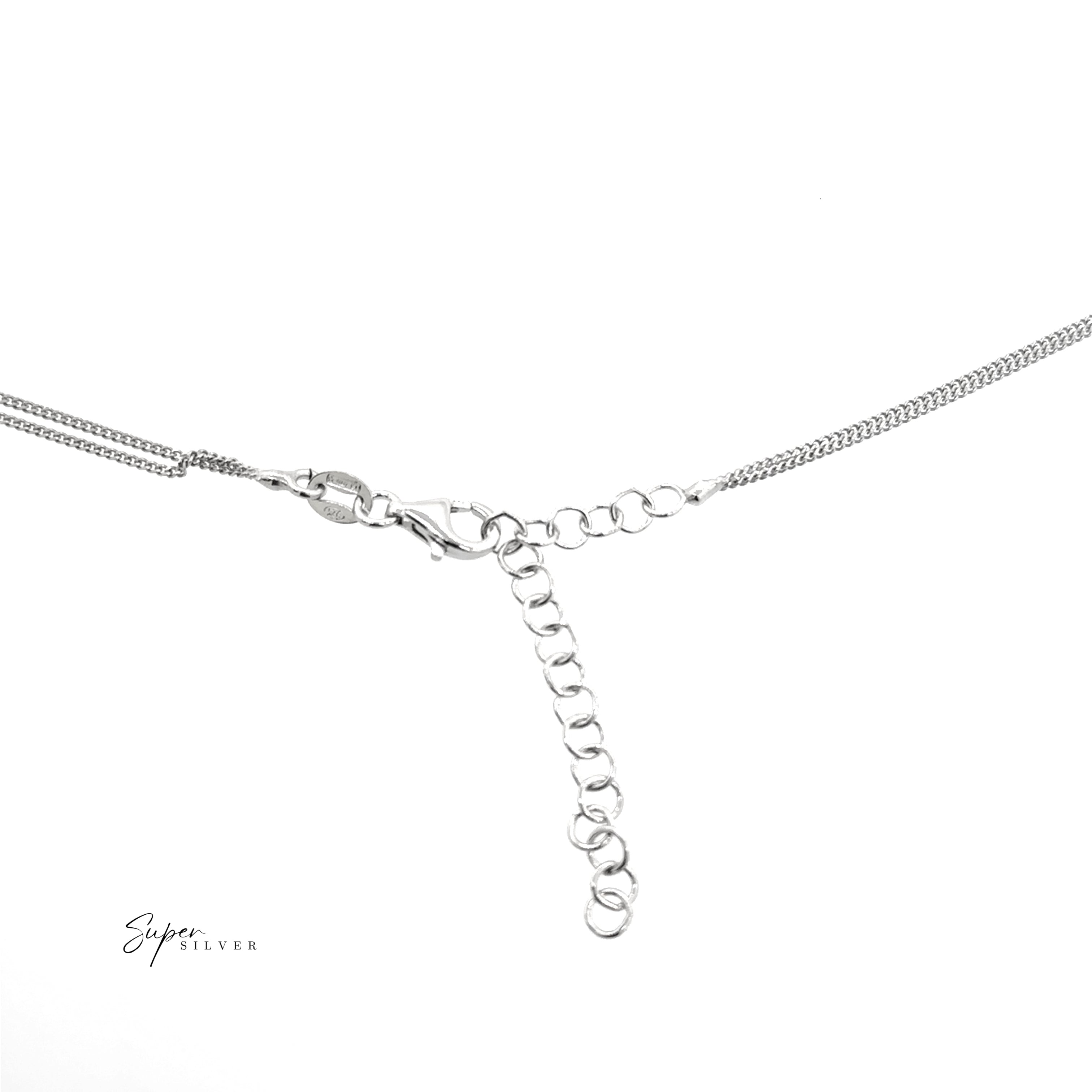 Tassel Italian Chain Necklace in sleek Italian silver features an adjustable extender and lobster clasp for a modern look. Shown on a white background with a small "Super Silver" logo in the corner.