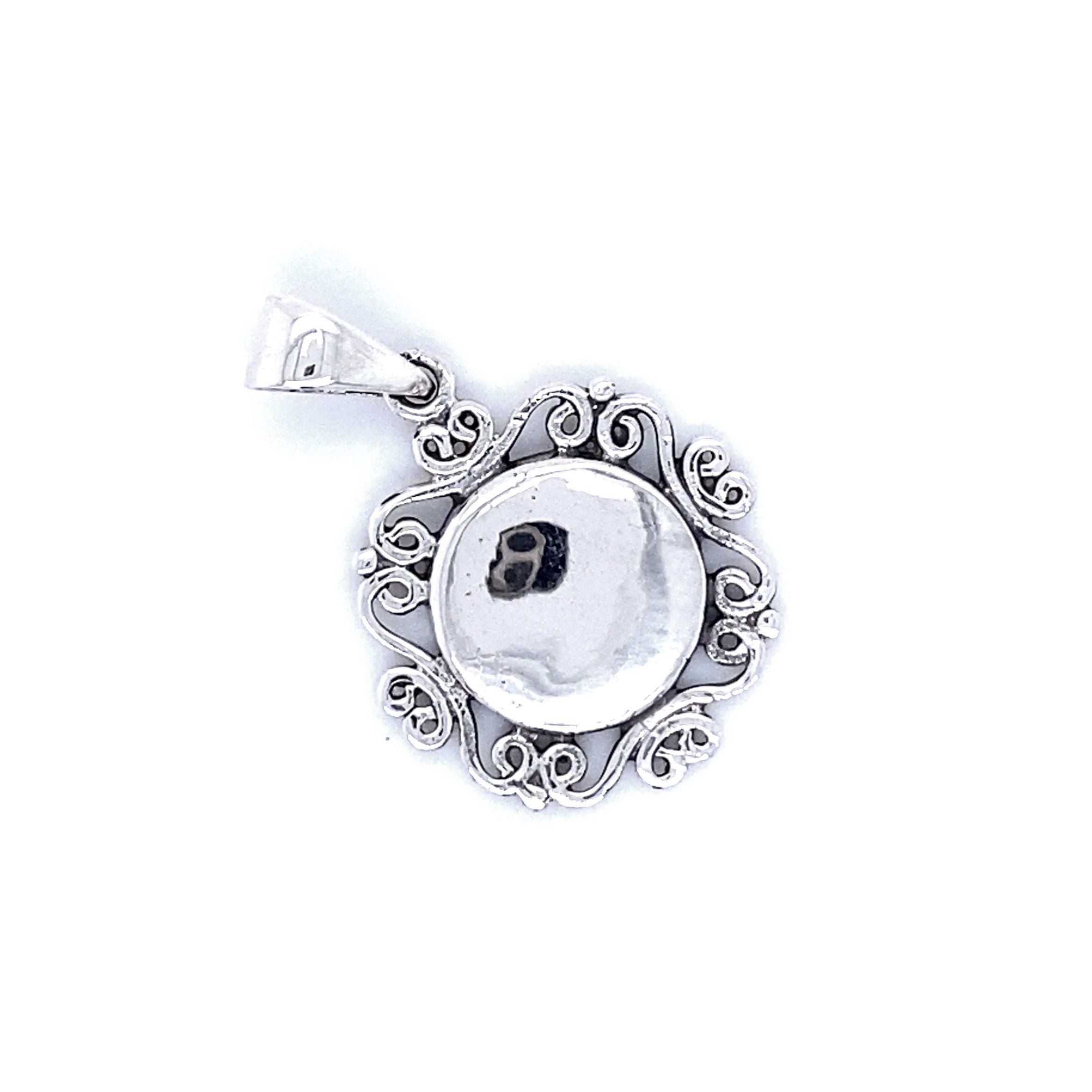Engravable Pendant with Filigree Border with a round reflective centerpiece, surrounded by an ornate filigree design. Perfect as a personalized gift, it offers the option of custom engraving to make it truly unique.