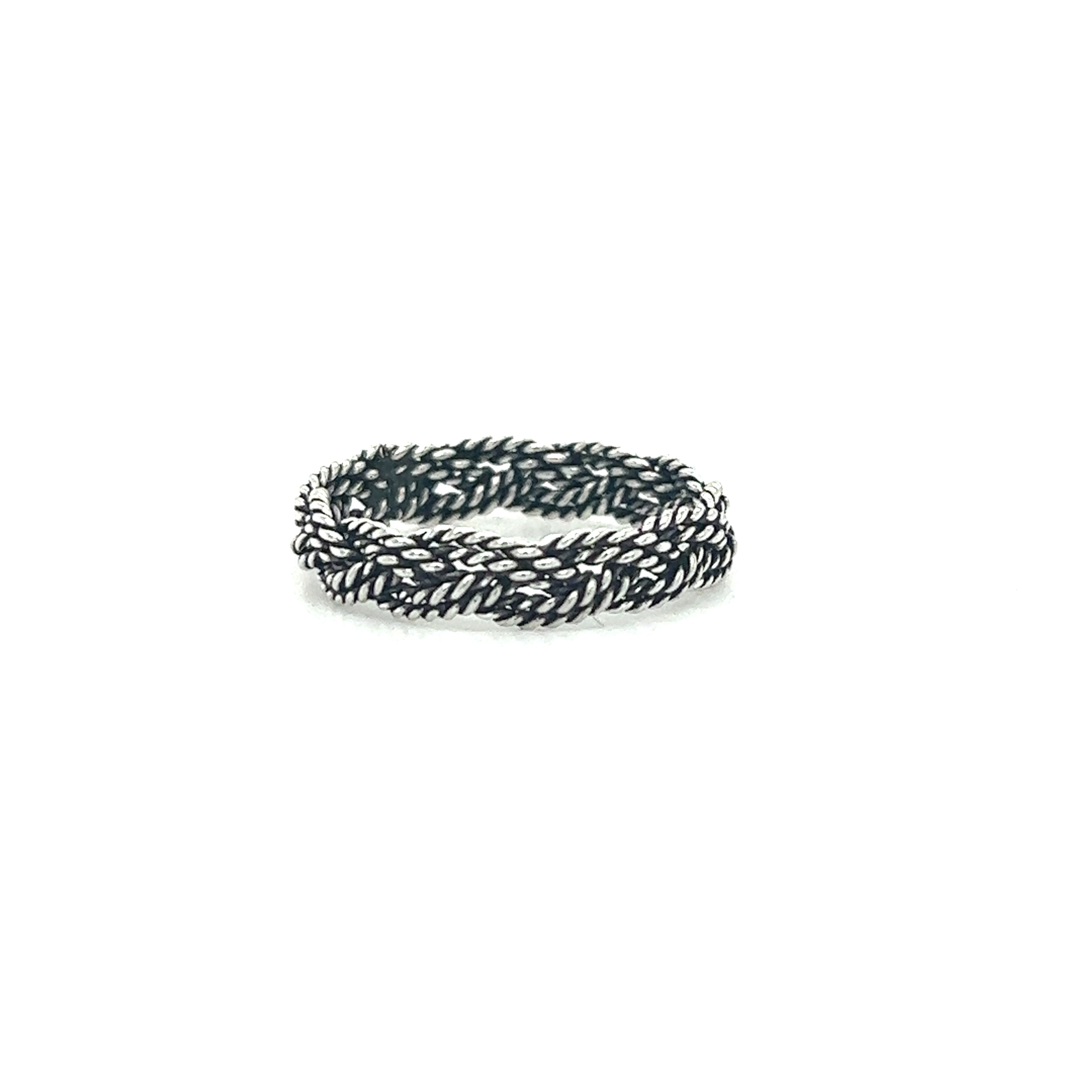 A black and white Twisted Rope Band Ring with a dark oxidized finish, showcasing the artisanal craftsmanship by Super Silver.