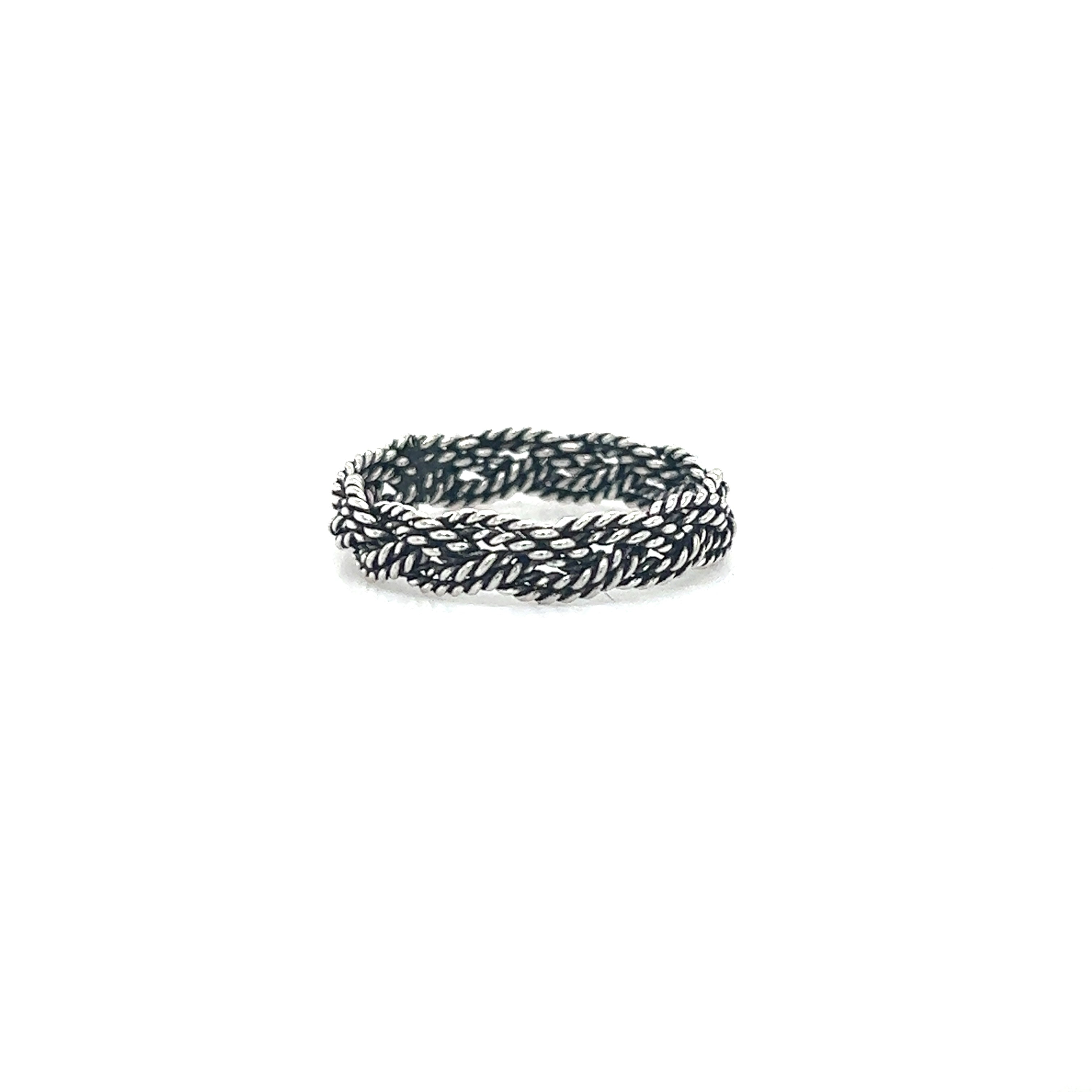 An artisanal craftsmanship Twisted Rope Band Ring with a twisted oxidized rope design and a dark oxidized finish, set against a pristine white background, by Super Silver.