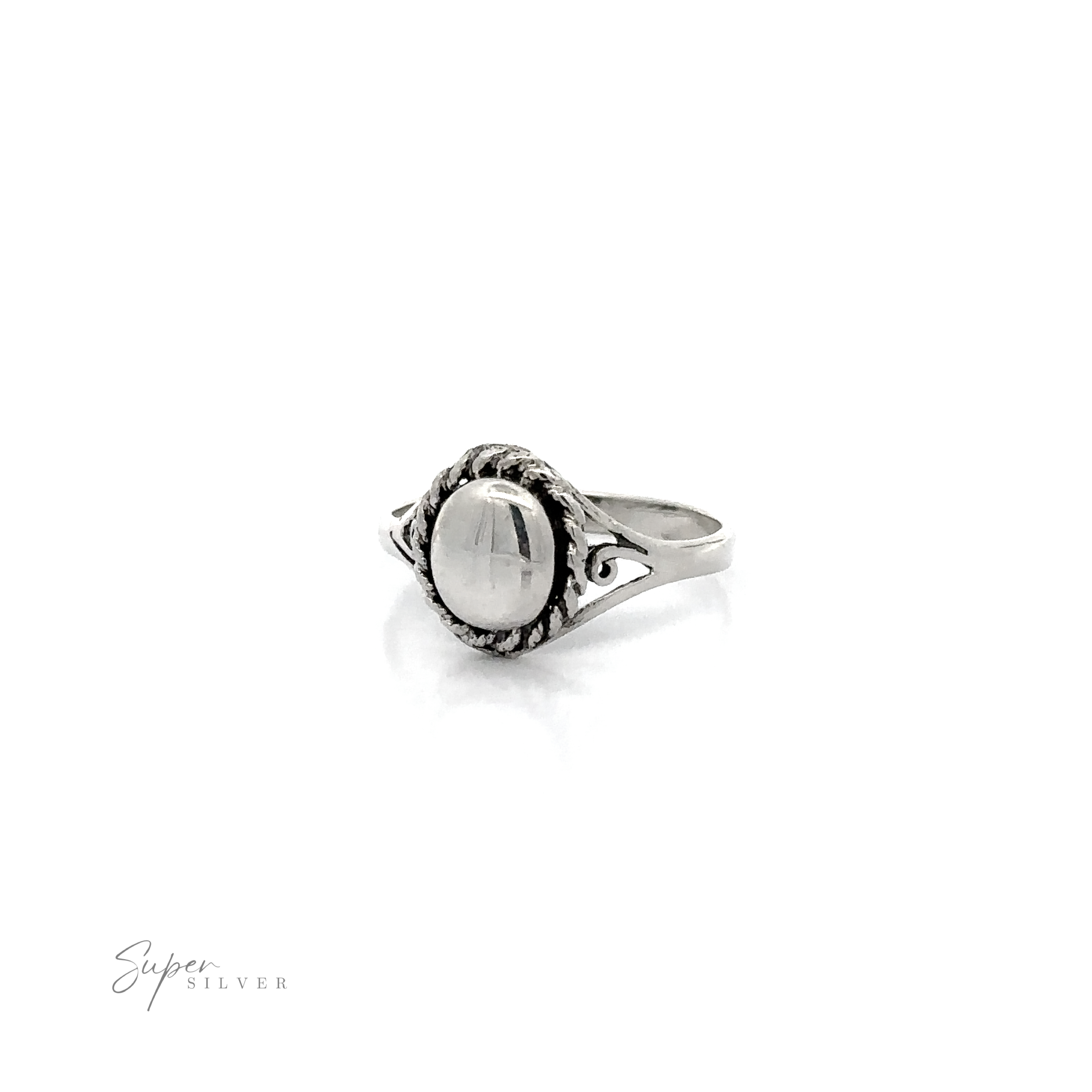 A Silver Ring With Oval Design With A Rope Border.