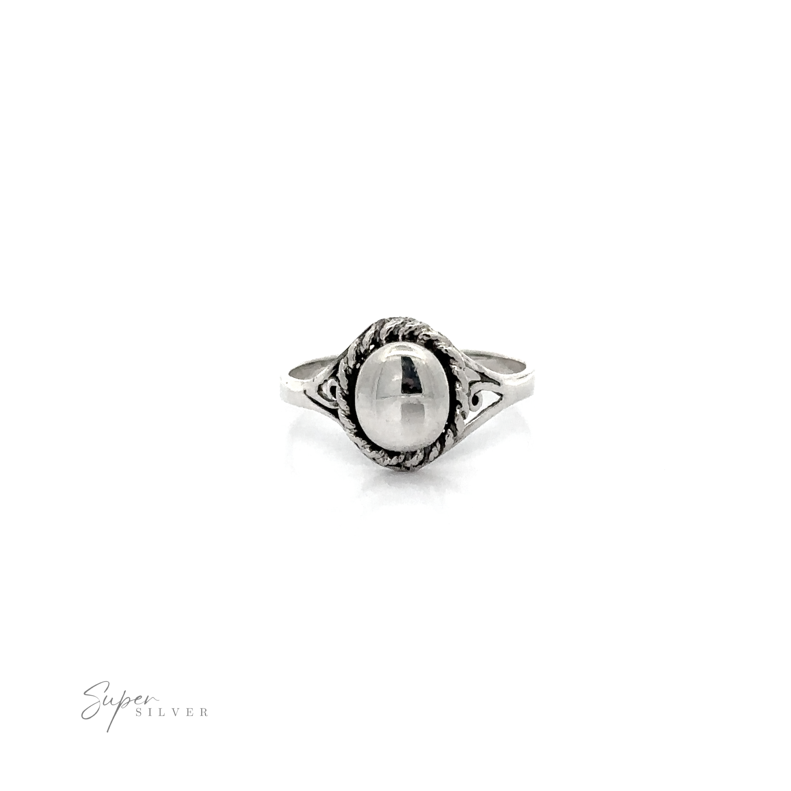 Silver Ring With Oval Design With A Rope Border: The product name silver ring with oval design with a rope border perfectly matches the description in the sentence.