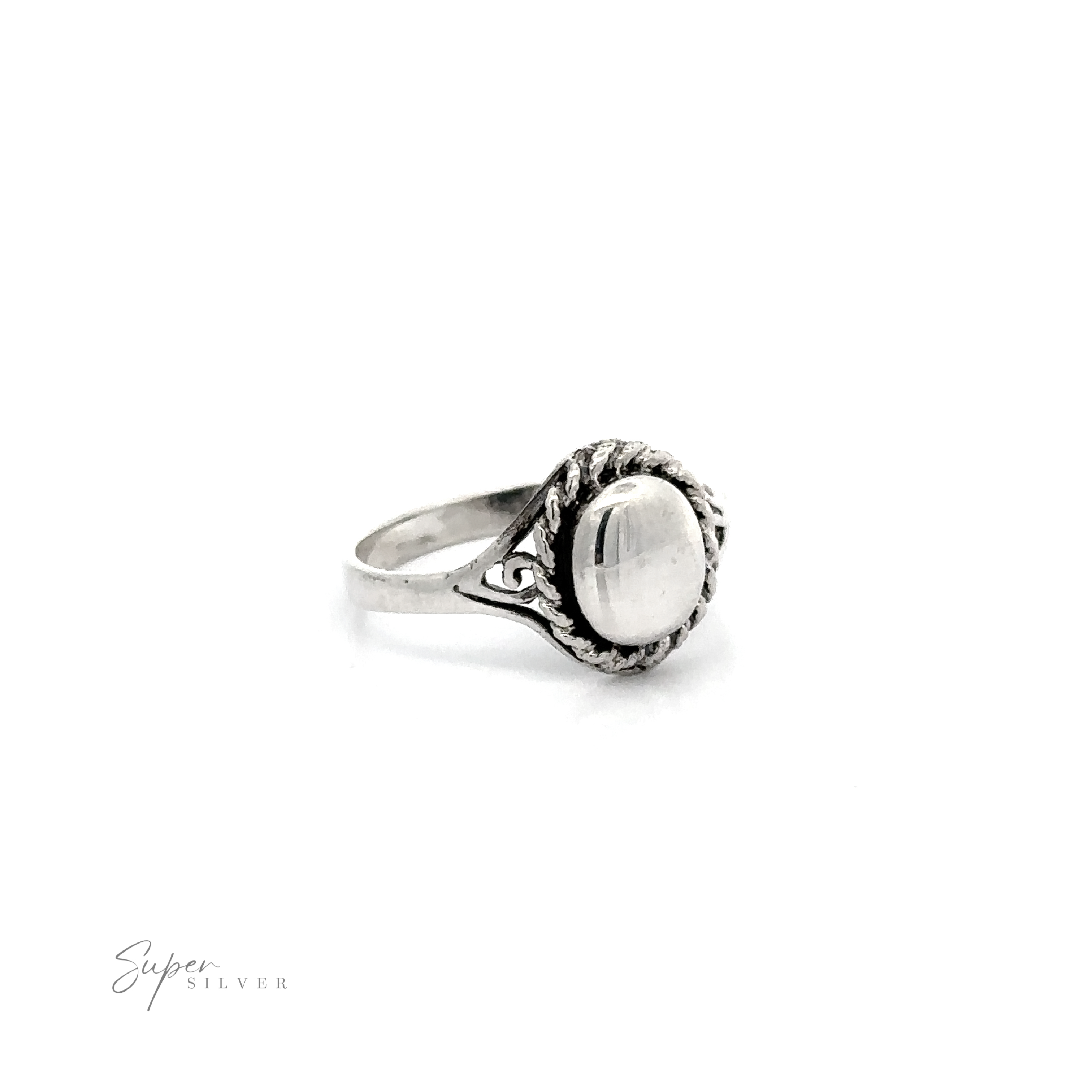 A Silver Ring With Oval Design With A Rope Border and a white stone in the middle.