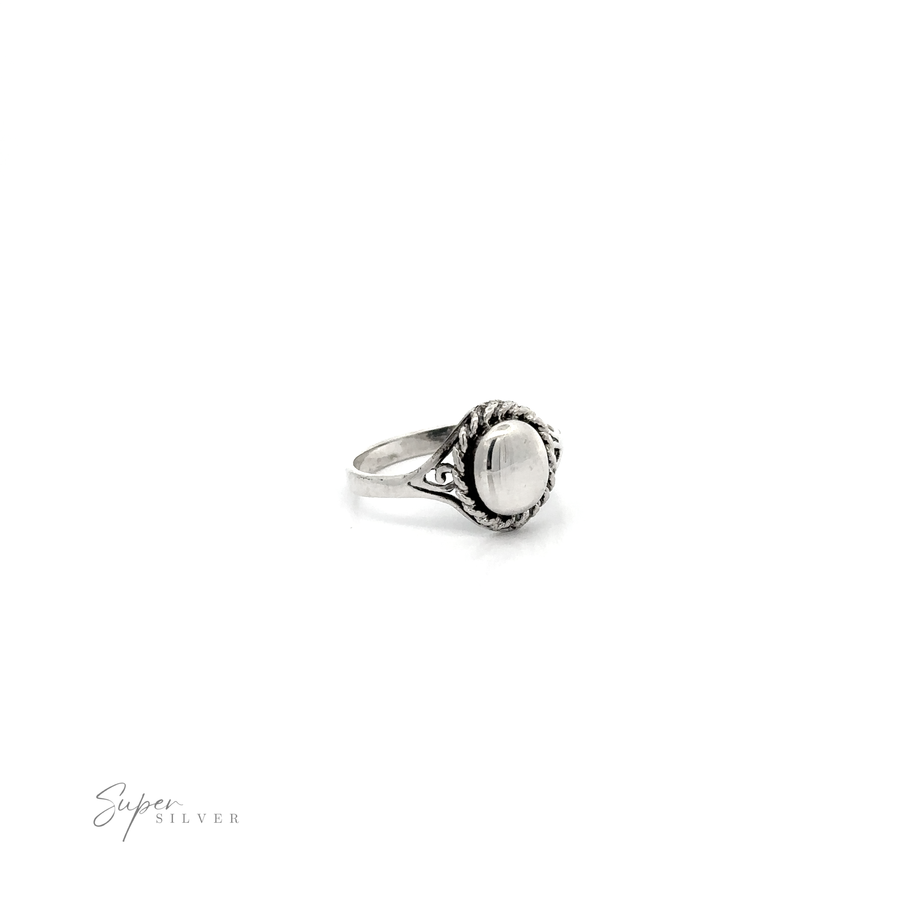 A Silver Ring With Oval Design With A Rope Border, featuring an oval design.