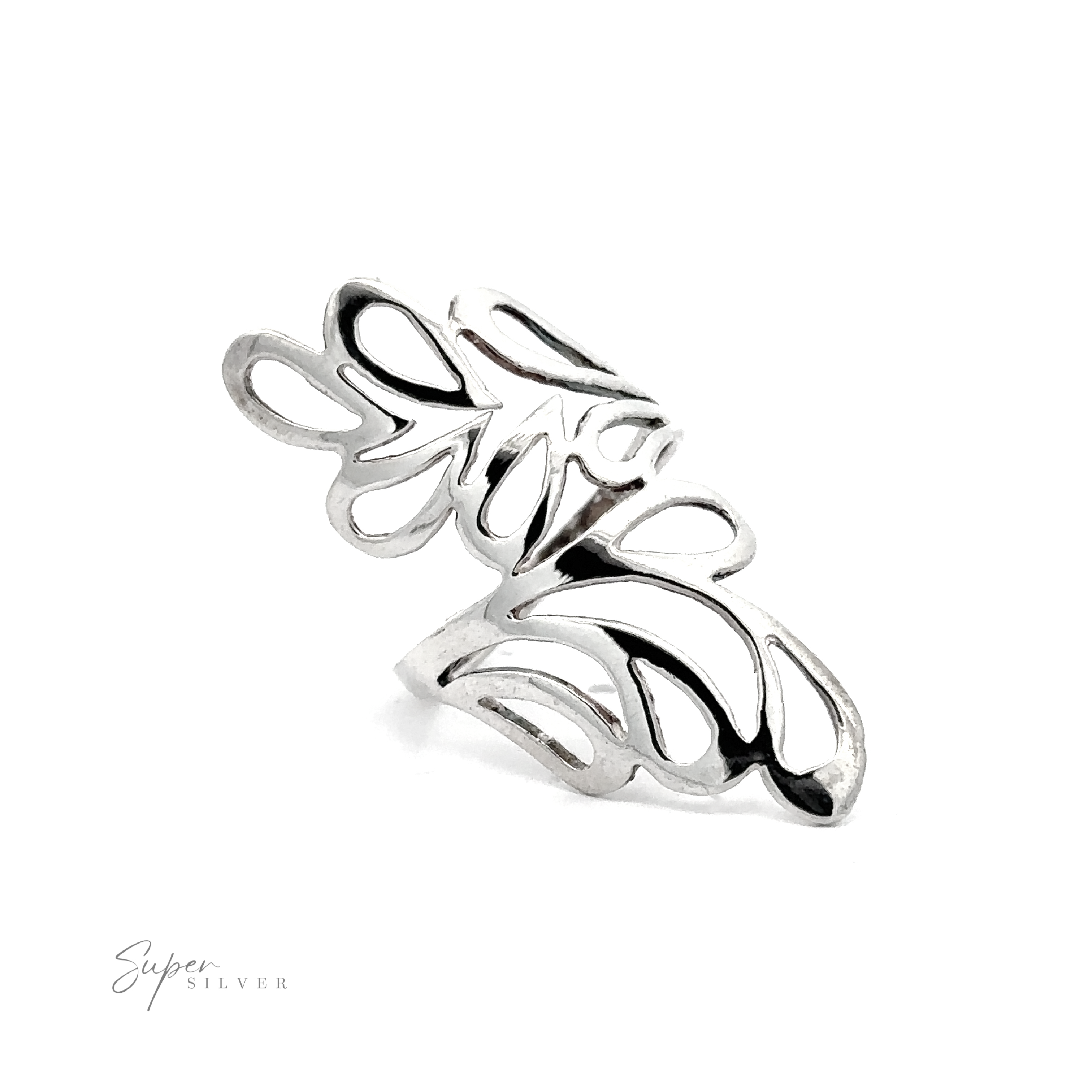 Long Wrap Around Leaf Design Ring crafted from sterling silver, featuring an intricate openwork design that captures the organic beauty admired by nature lovers.