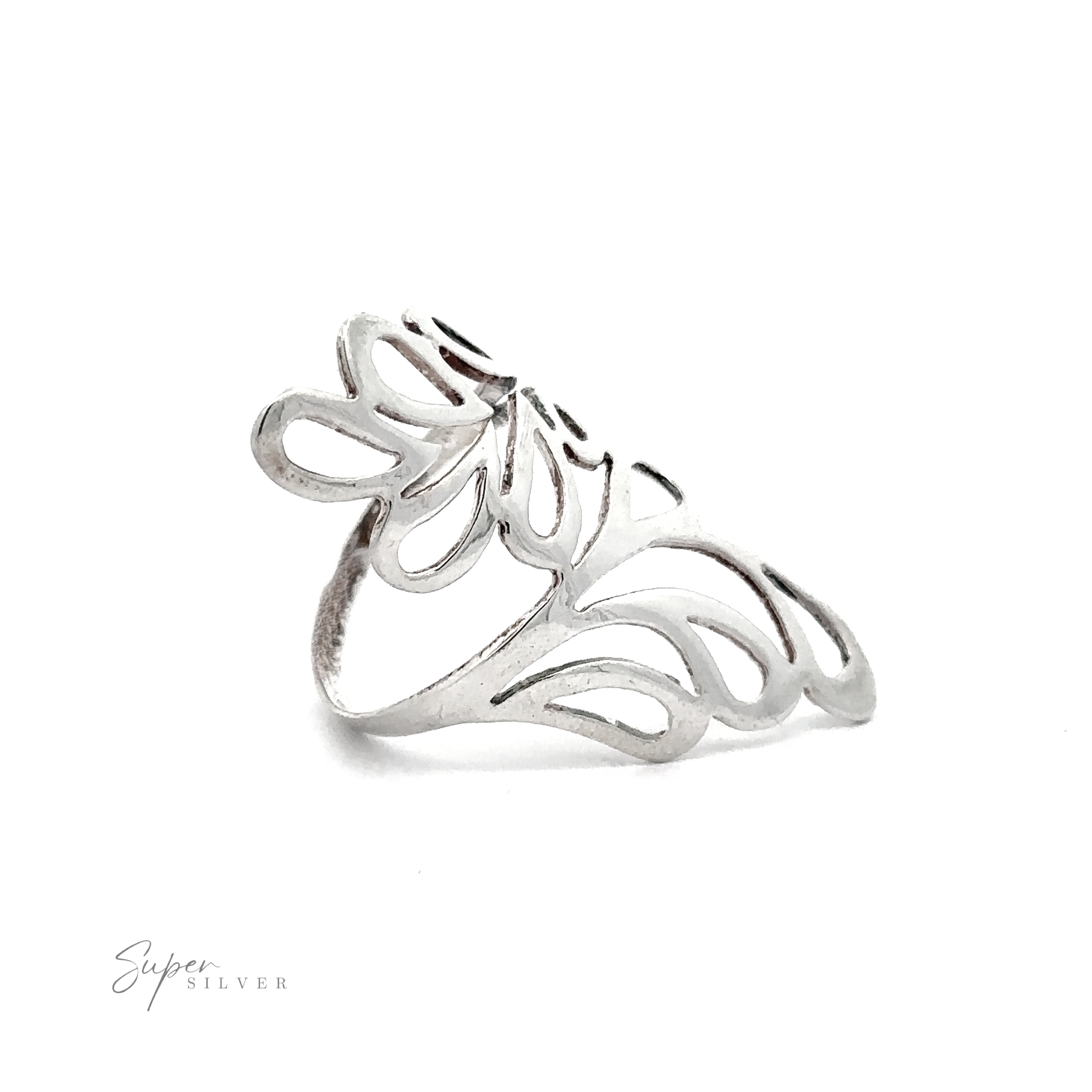 Long Wrap Around Leaf Design Ring in sterling silver, displaying an intricate leaf pattern that captures natural elegance, set against a white background—ideal for nature enthusiasts.