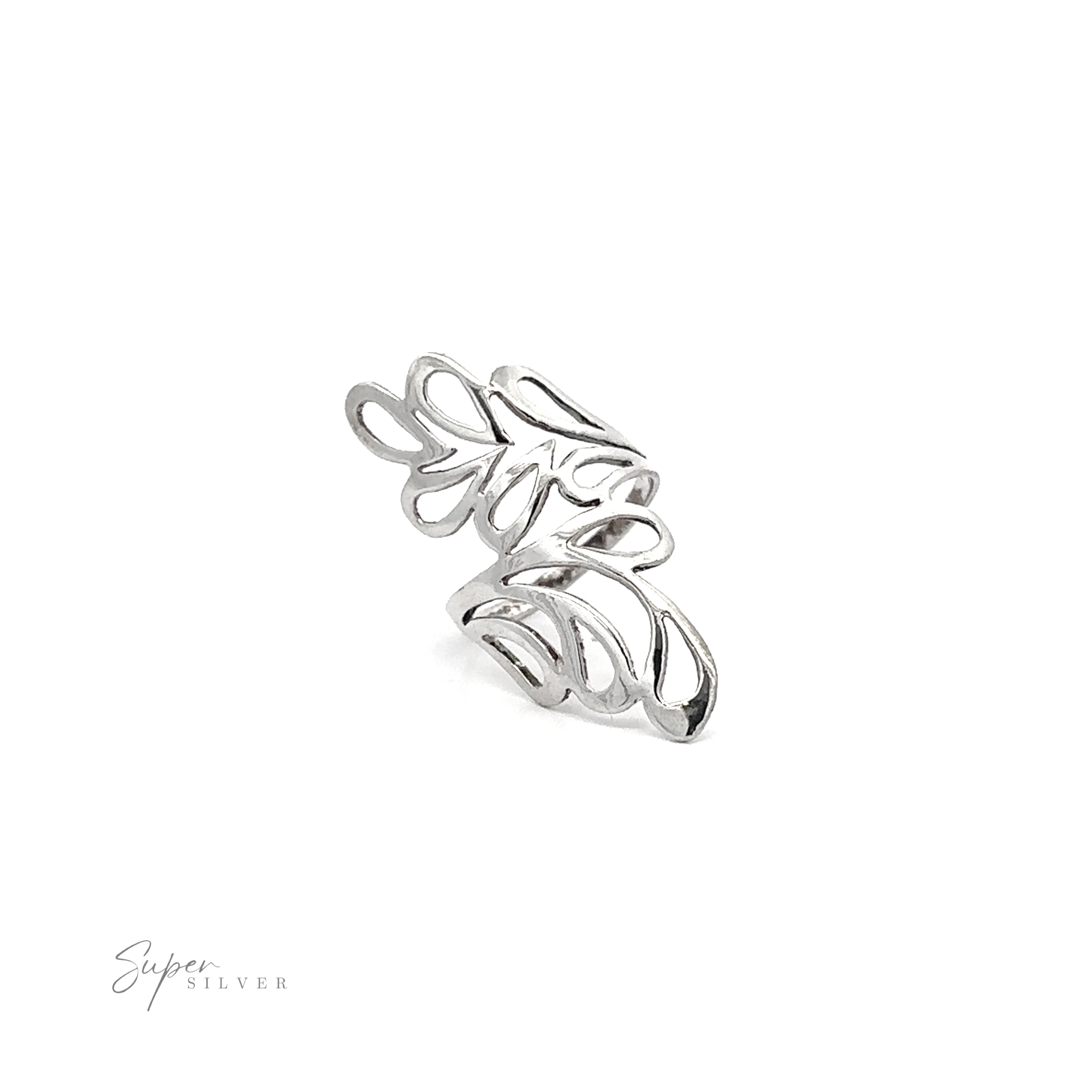 Long Wrap Around Leaf Design Ring crafted from sterling silver, showcasing an open leaf pattern that captures organic beauty on a white background—ideal for nature lovers.