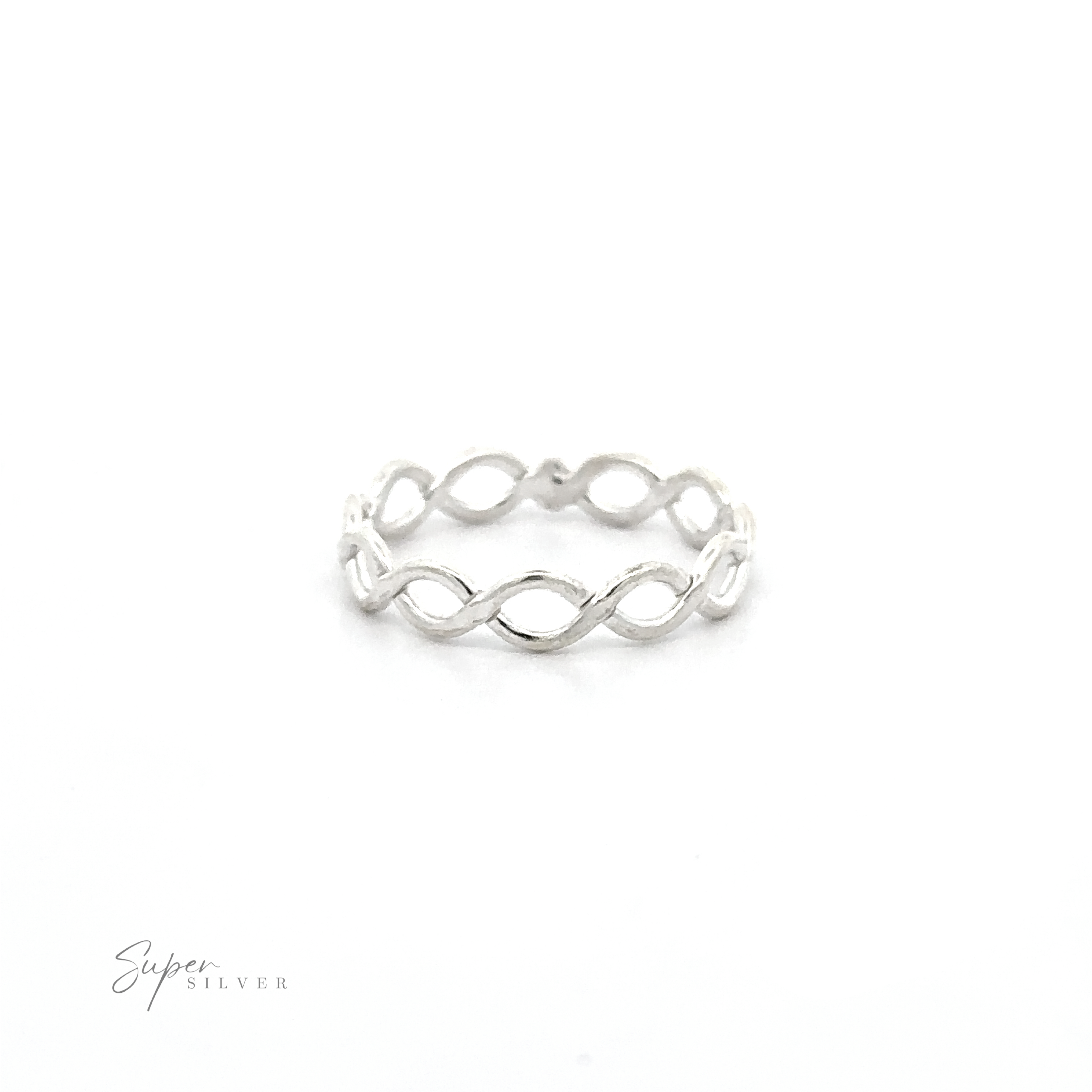 A Simple Weave Band infinity ring in sterling silver on a white background.