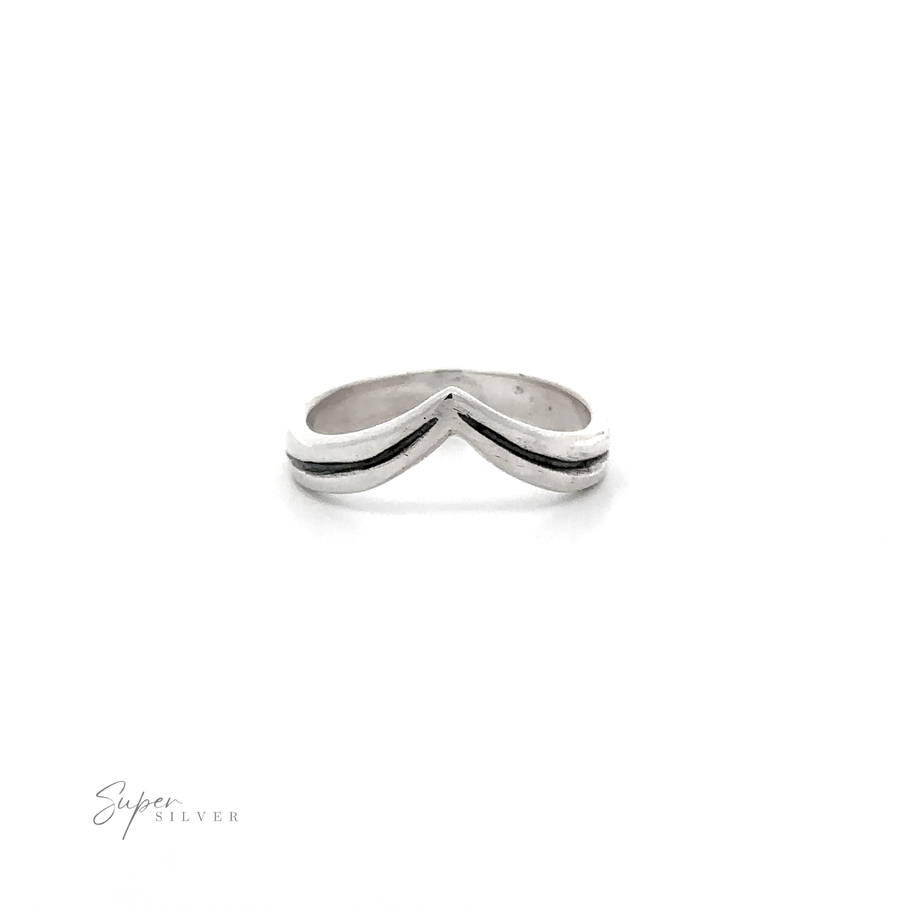 An oxidized sterling silver Simple Chevron Ring with black lines on the band.