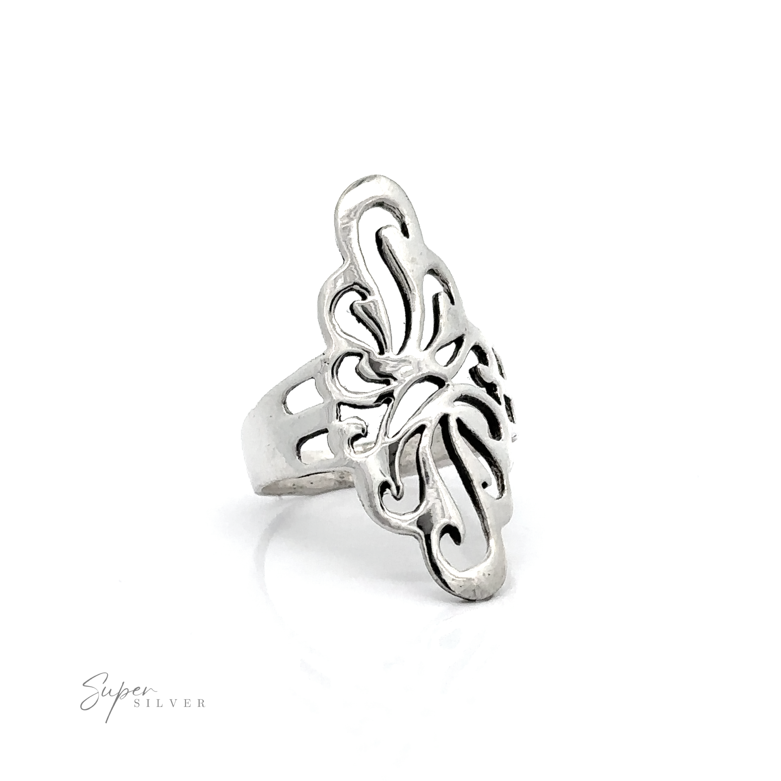 A Silver Southwest Inspired Freeform ring with an ornate southwest style pattern.