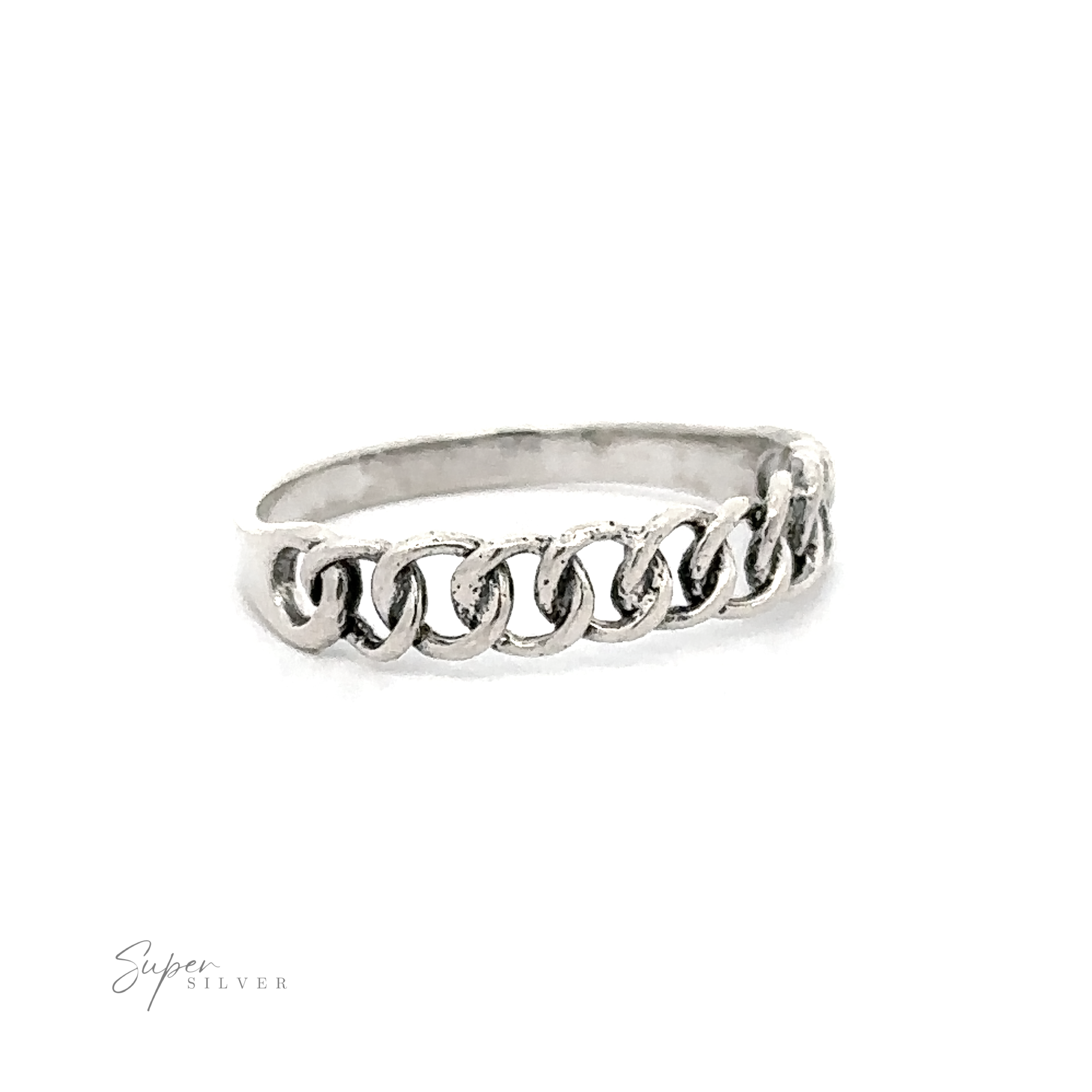 An everyday wear Chain Link Ring With Plain Band with the word love on it.
