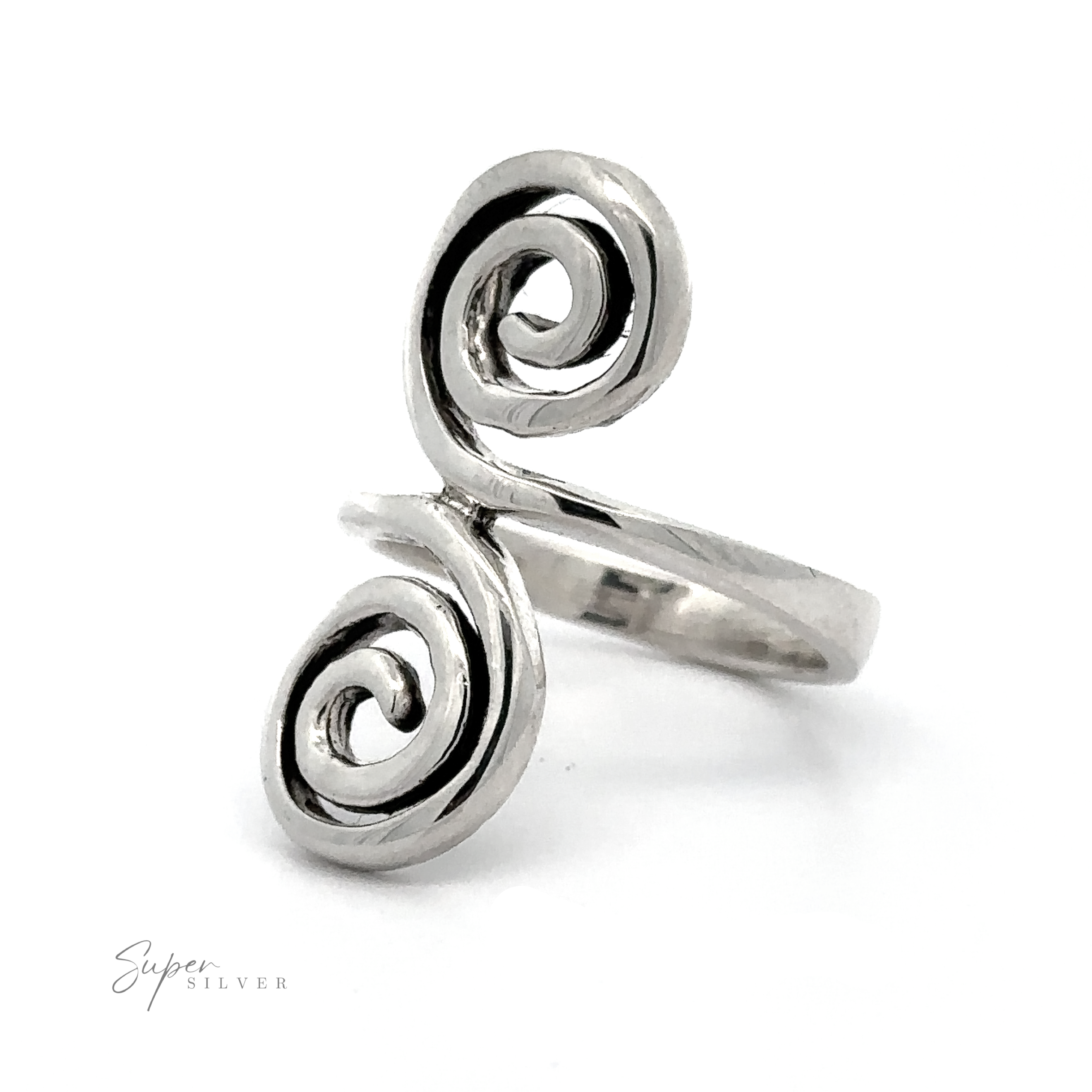 A Sterling Silver Double Swirl Ring with a Celtic design and a spiral design.
