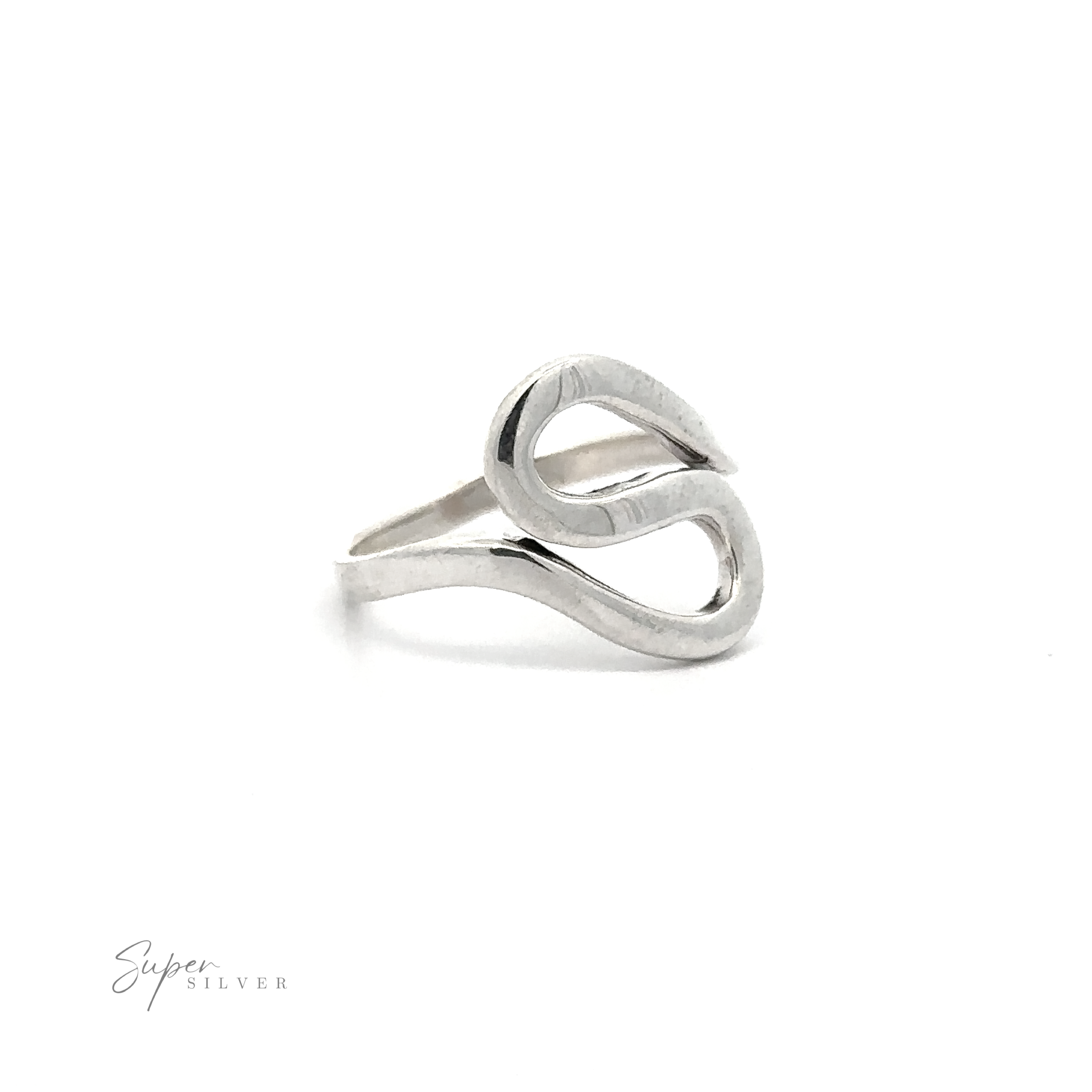 A Sterling Silver Squiggle Ring with a curved shape and a high polish finish.