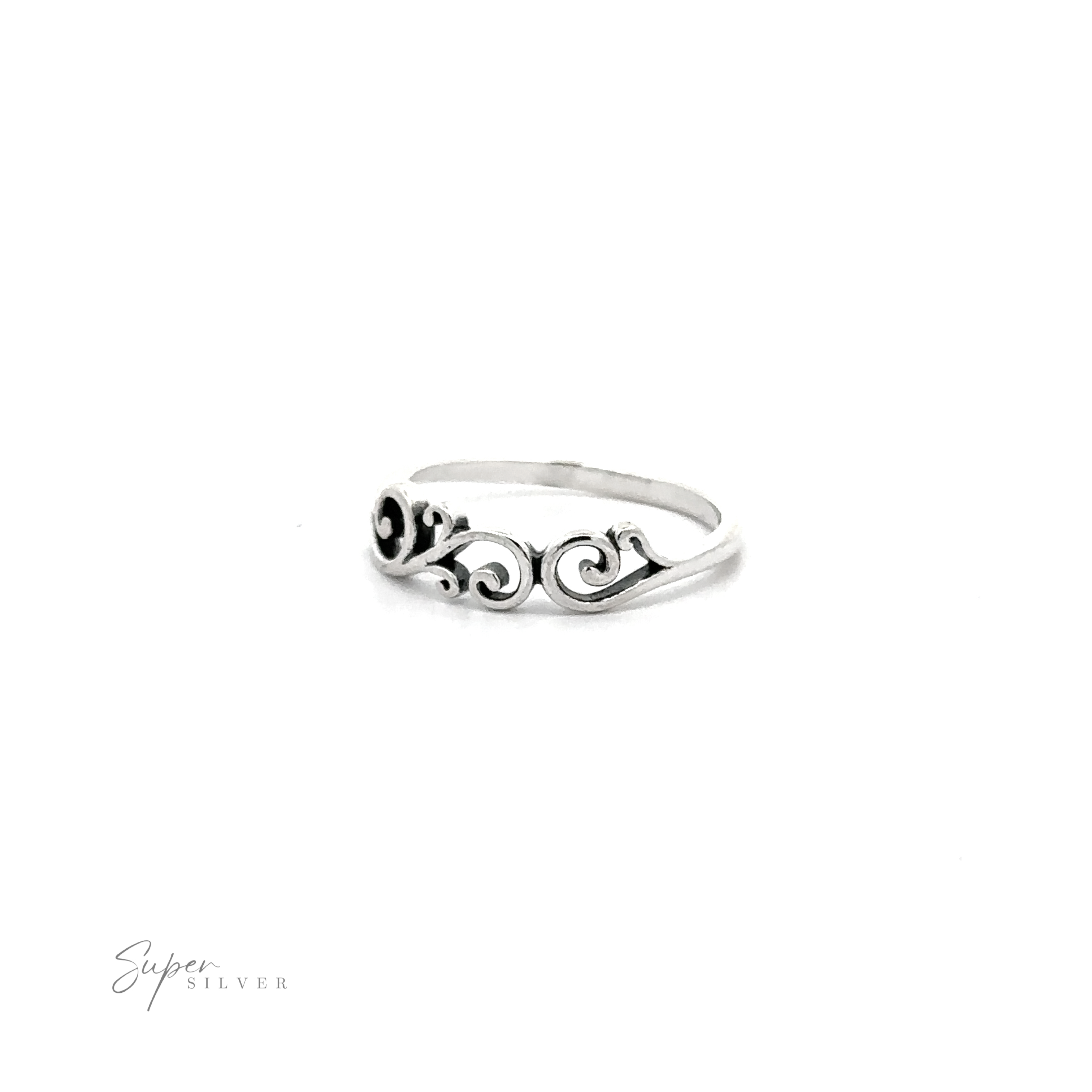 A 925 sterling silver Swirly Ring with a swirly design, featuring a high polish finish.
