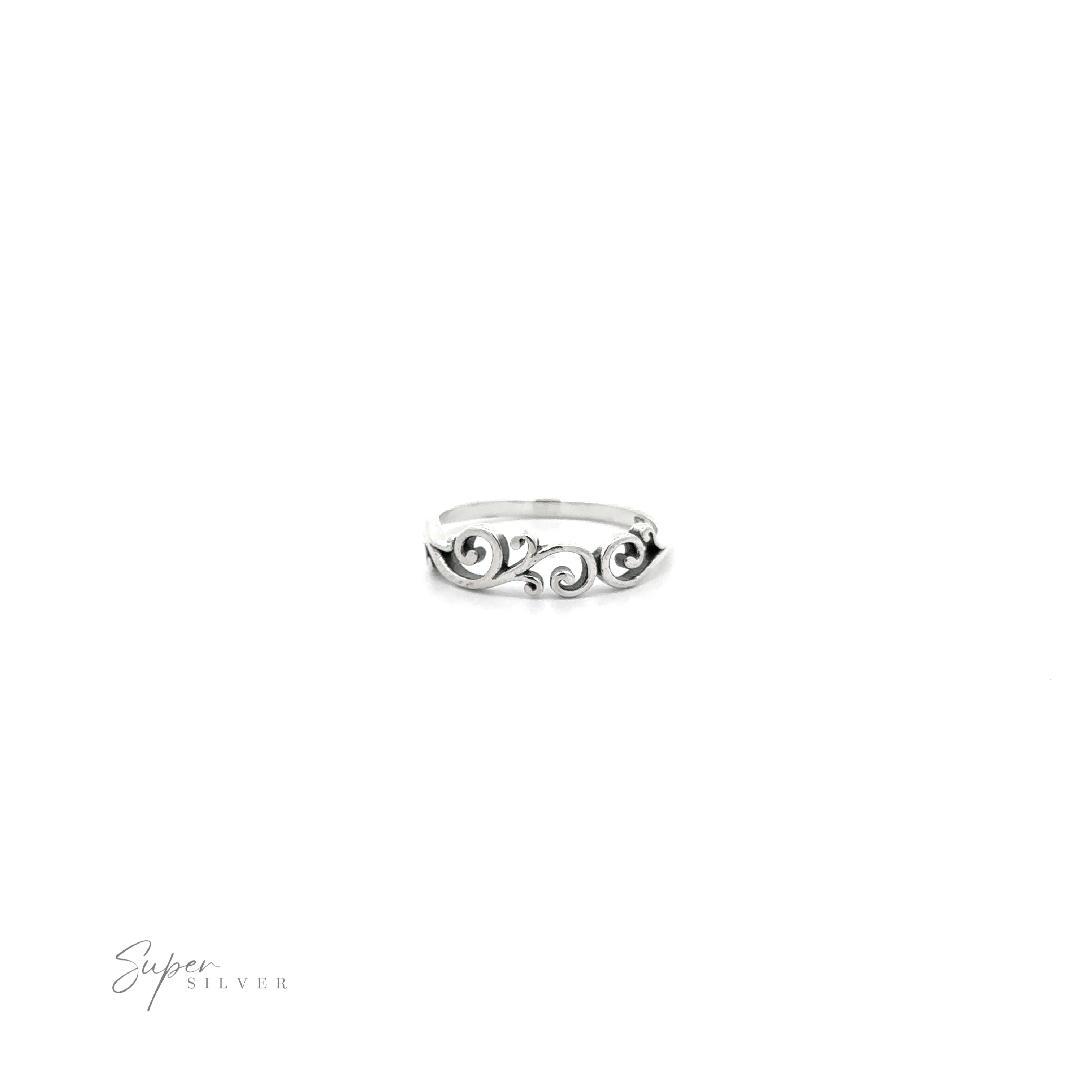 The Swirly Ring is made of 925 sterling silver, featuring a heart-shaped centerpiece and a high polish finish.