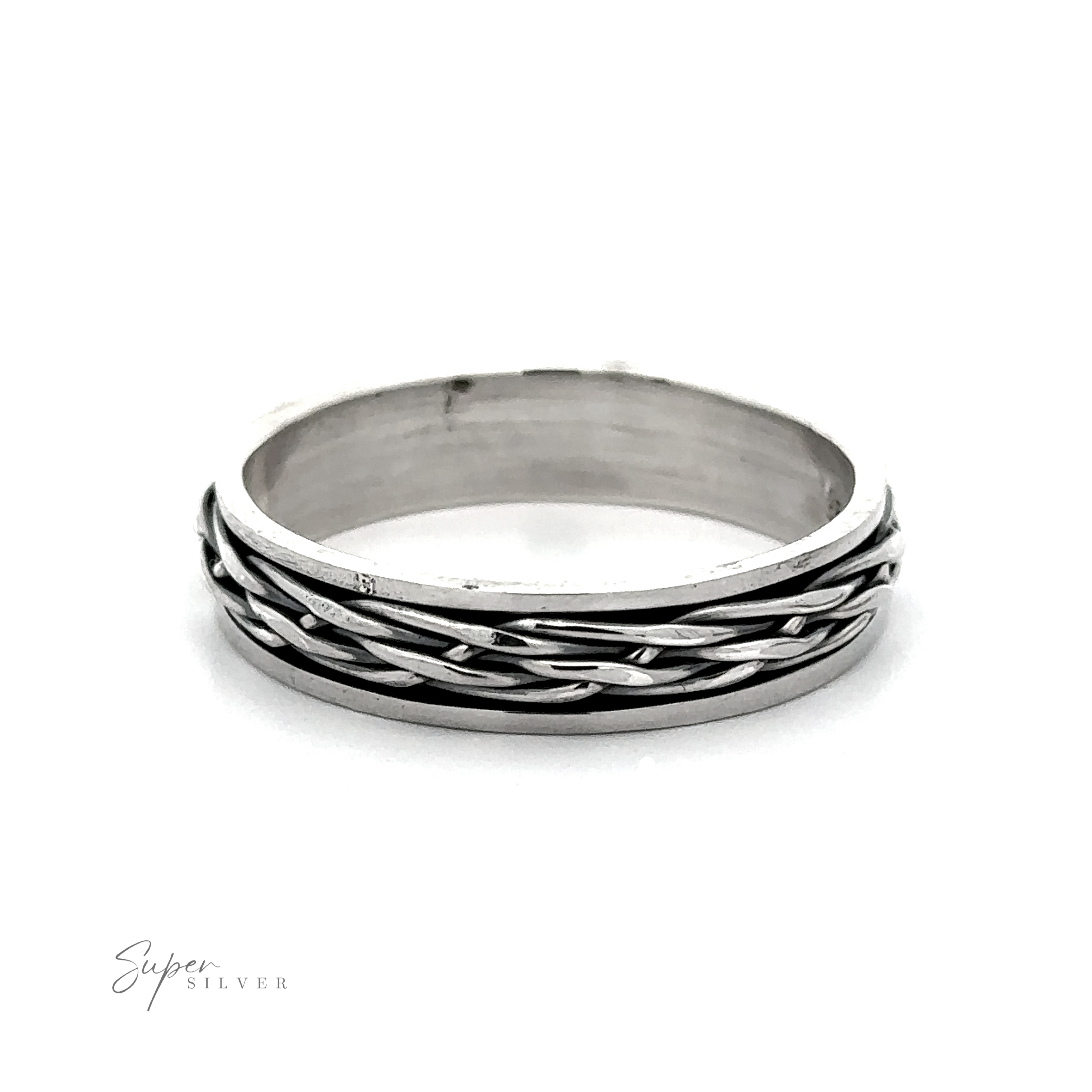 A silver Unique Narrow Woven Spinner Band with a woven wire texture.