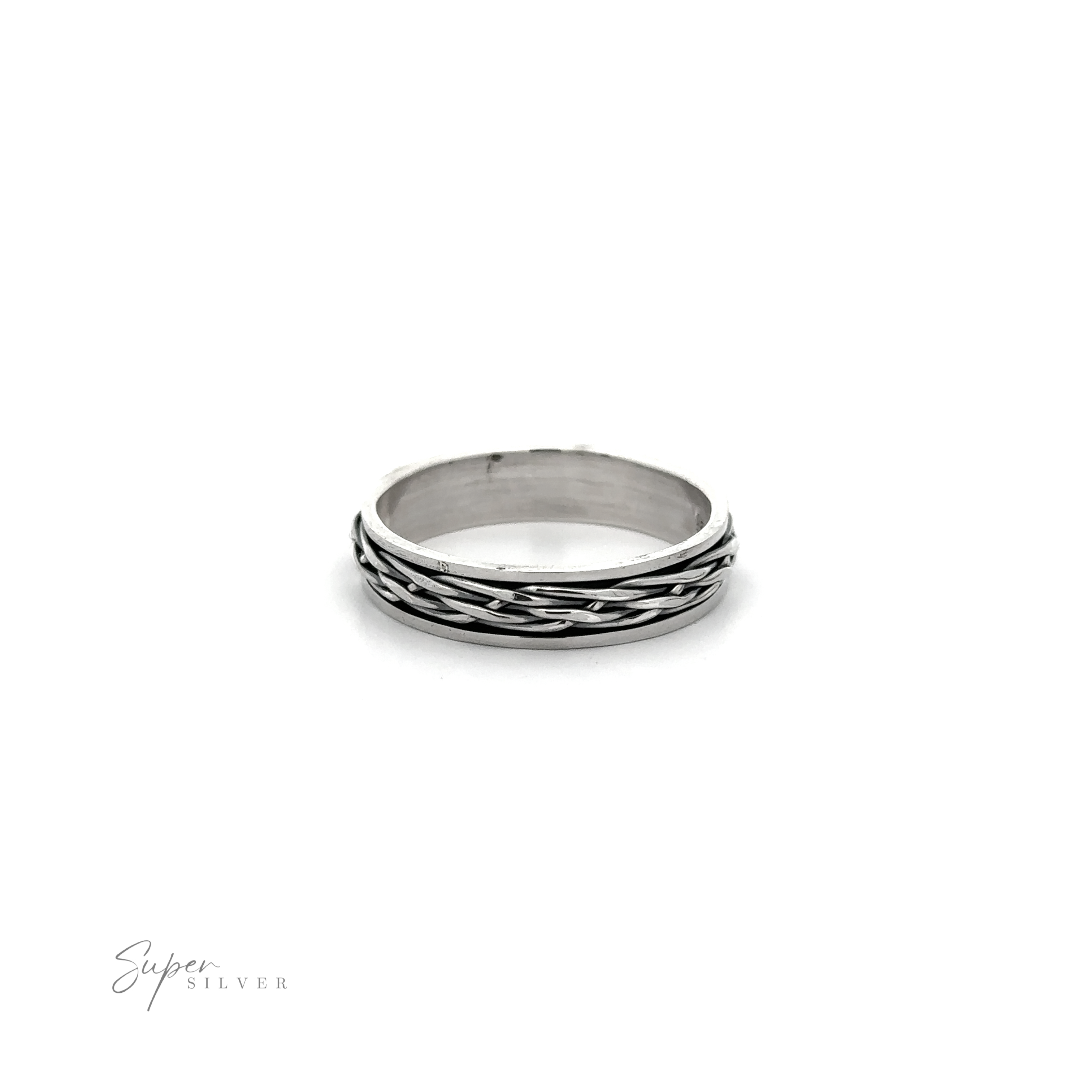 A Unique Narrow Woven Spinner Band with woven wire texture on a white background.