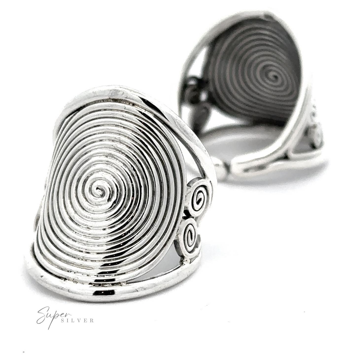 Two intricately designed silver Adjustable Spiral Rings with fine line textures and small swirl accents on a white background.