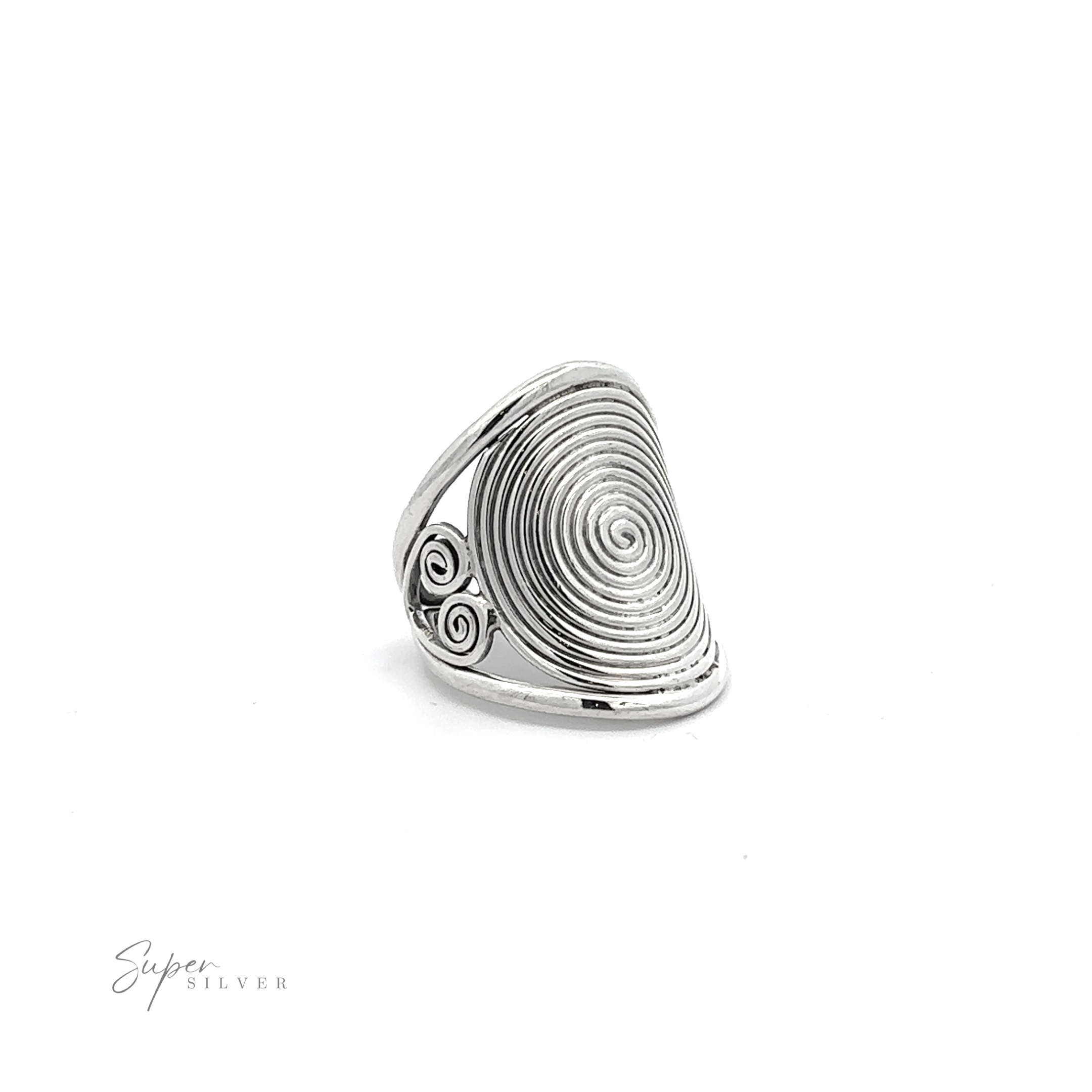 Adjustable Spiral Ring with a large spiral design and filigree detailing on a white background.