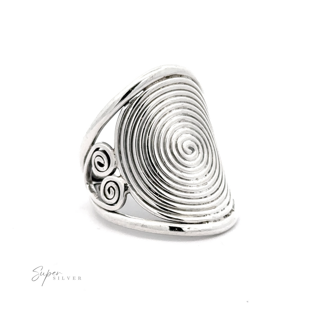 Adjustable Spiral Ring with a large spiral design and decorative swirls on the band, displayed against a white background.