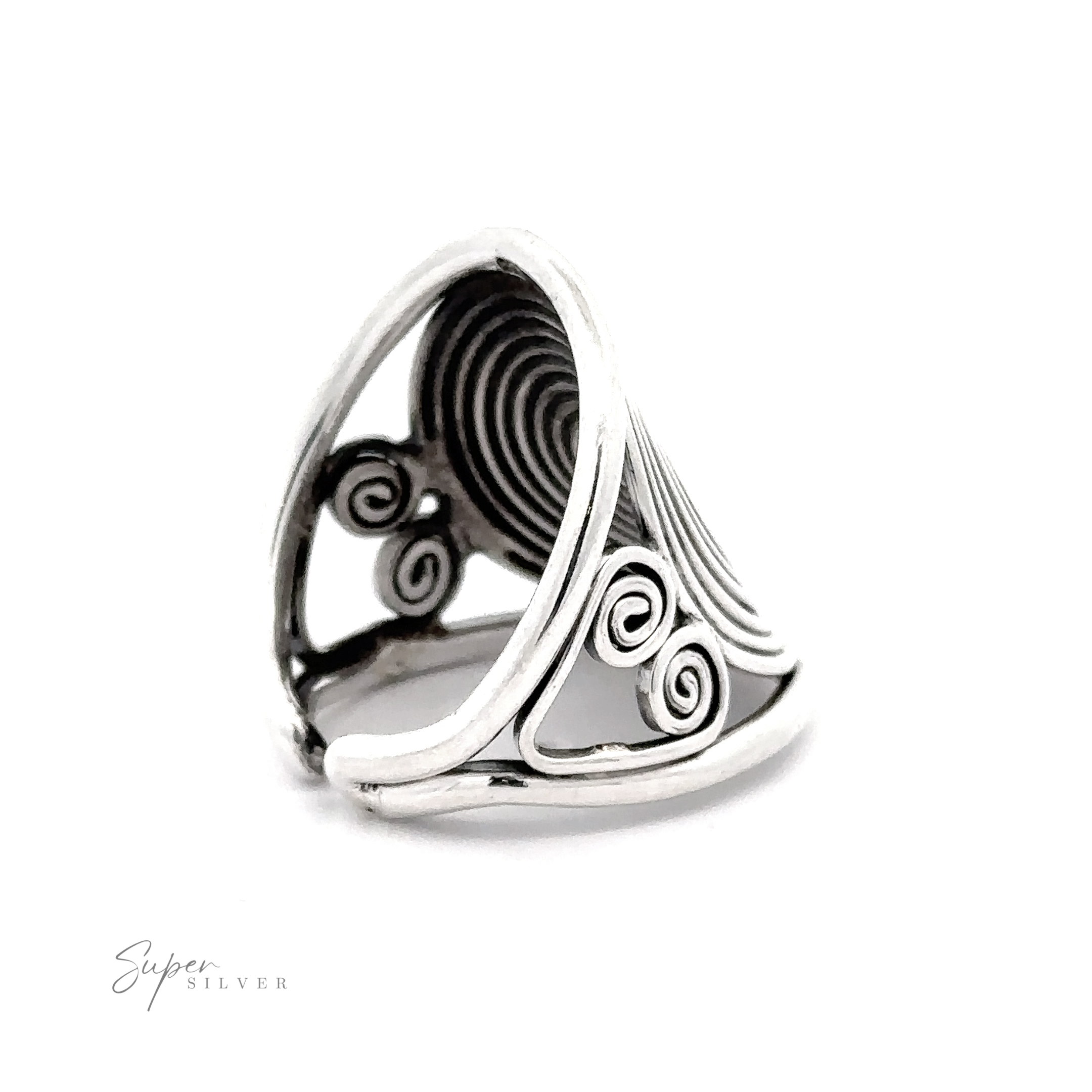 Adjustable Spiral Ring with an intricate large spiral design and a tapered band, displayed against a white background.