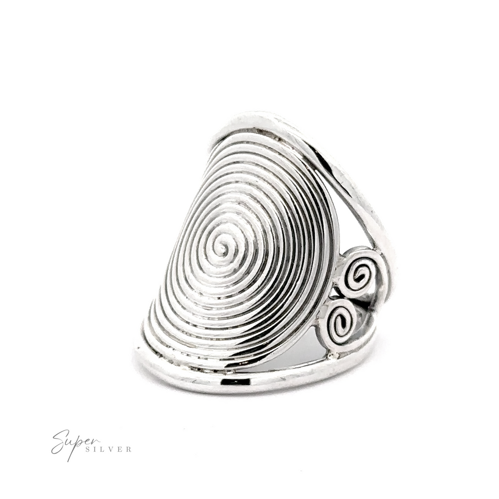 
                  
                    Adjustable Spiral Ring with a large spiral design and ornate swirls on the sides, displayed against a white background.
                  
                