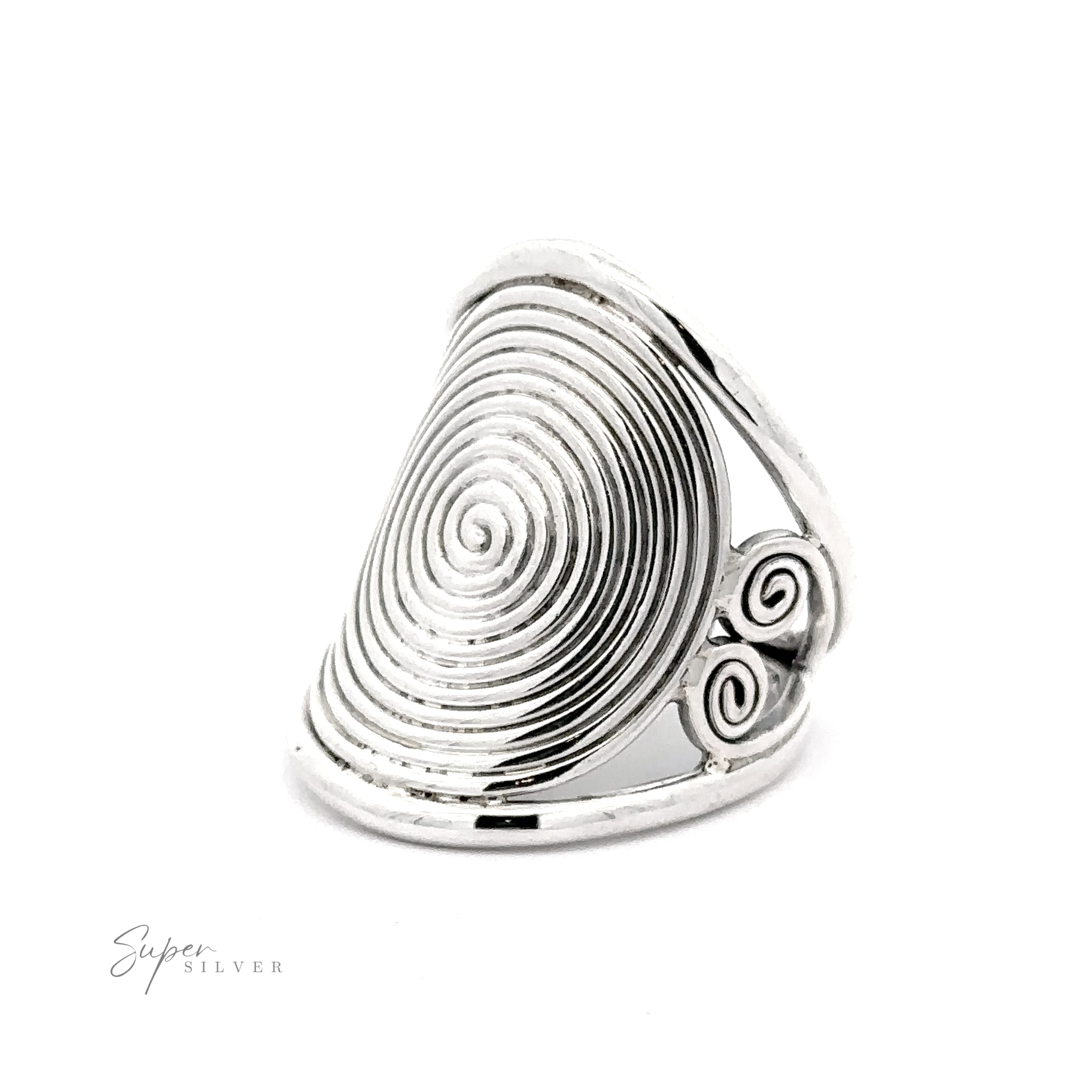 Adjustable Spiral Ring with a large spiral design and ornate swirls on the sides, displayed against a white background.